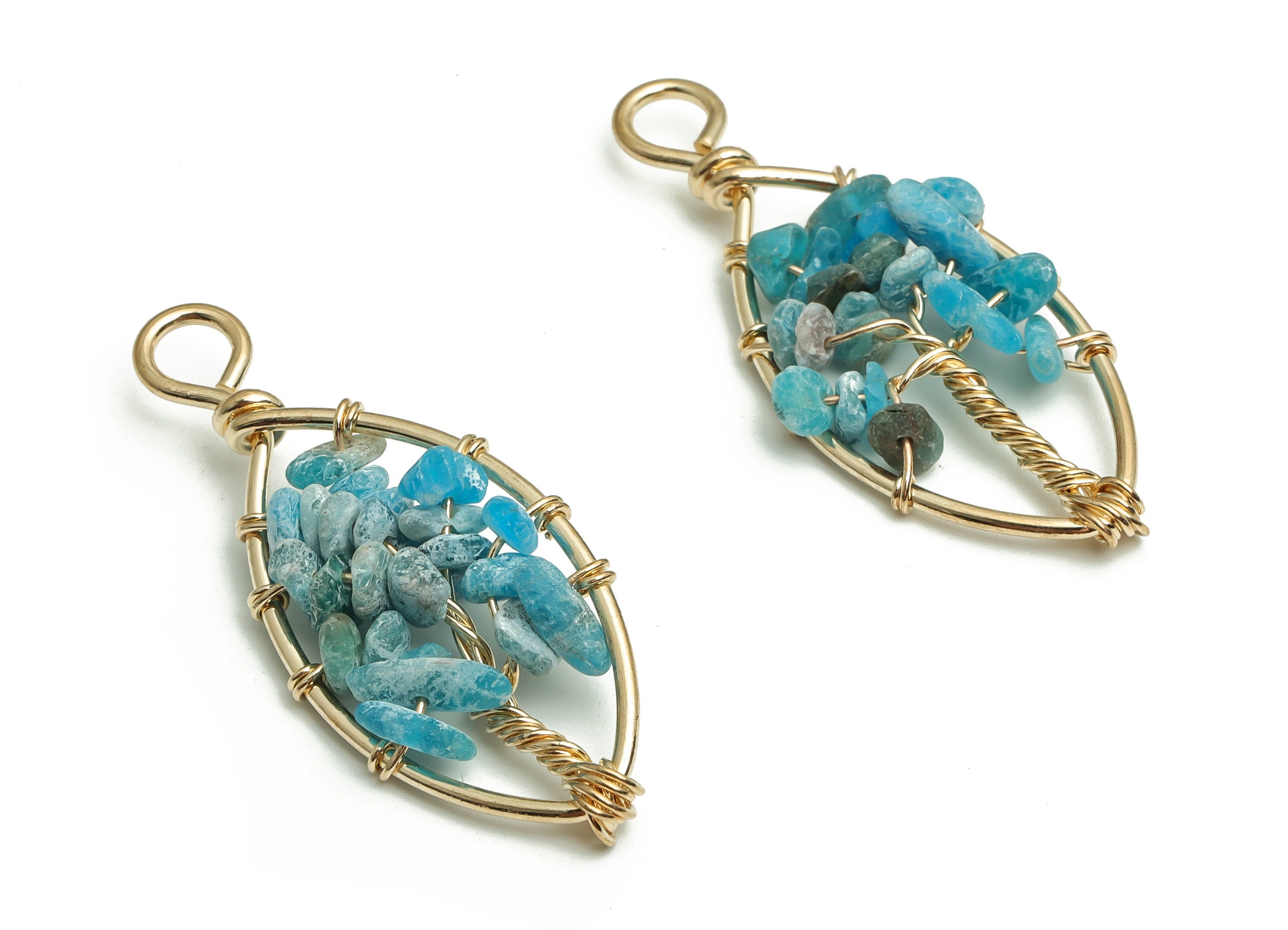 Blue Apatite Jewelry Charms – Wire Wrapped Natural Stone - Iron Oval Pendant - Gold Tone Plated Alloy - 41.97x17.78x6.89mm - NS1419 - DOMEDBAZAAR