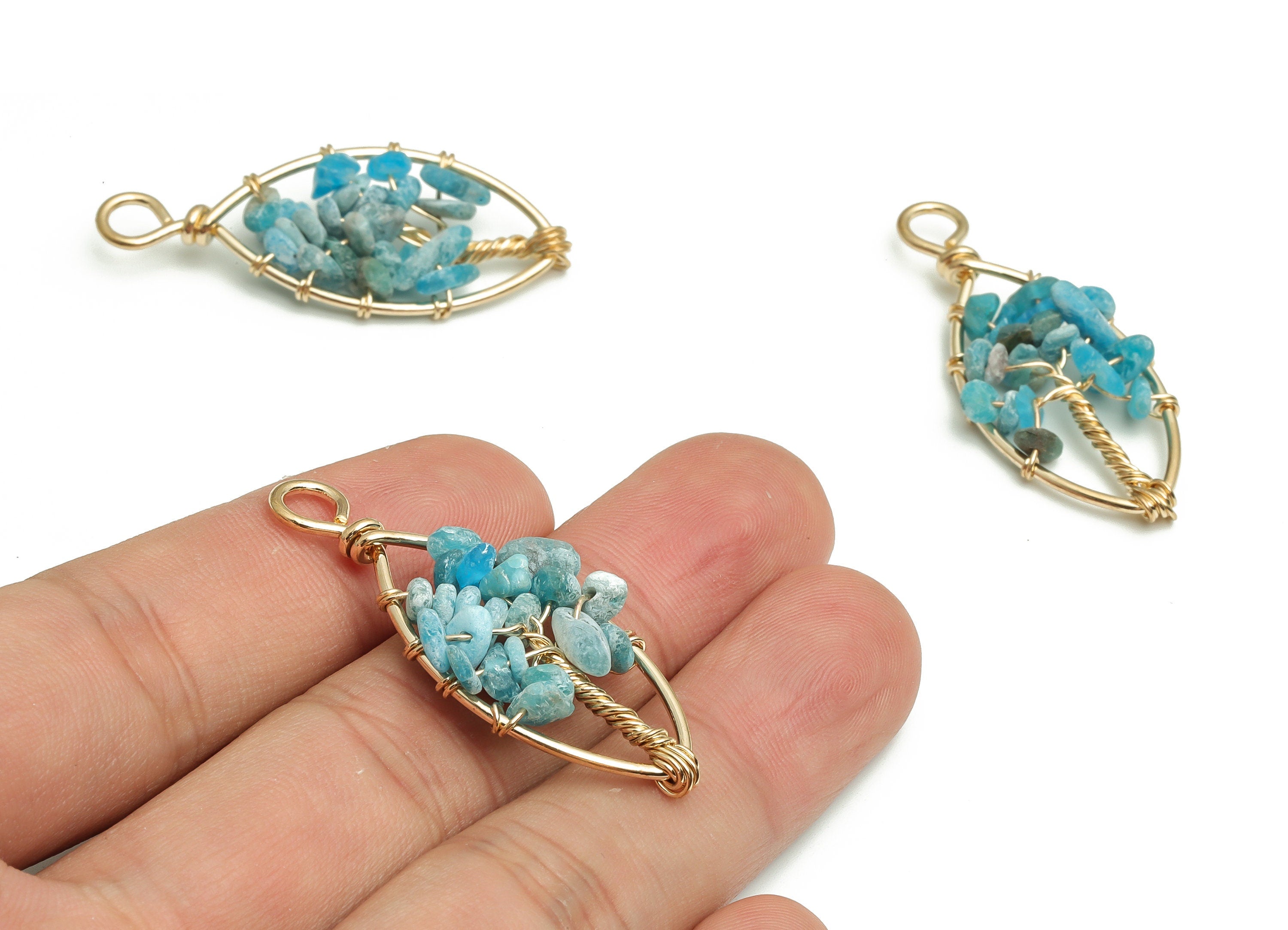 Blue Apatite Jewelry Charms – Wire Wrapped Natural Stone - Iron Oval Pendant - Gold Tone Plated Alloy - 41.97x17.78x6.89mm - NS1419 - DOMEDBAZAAR