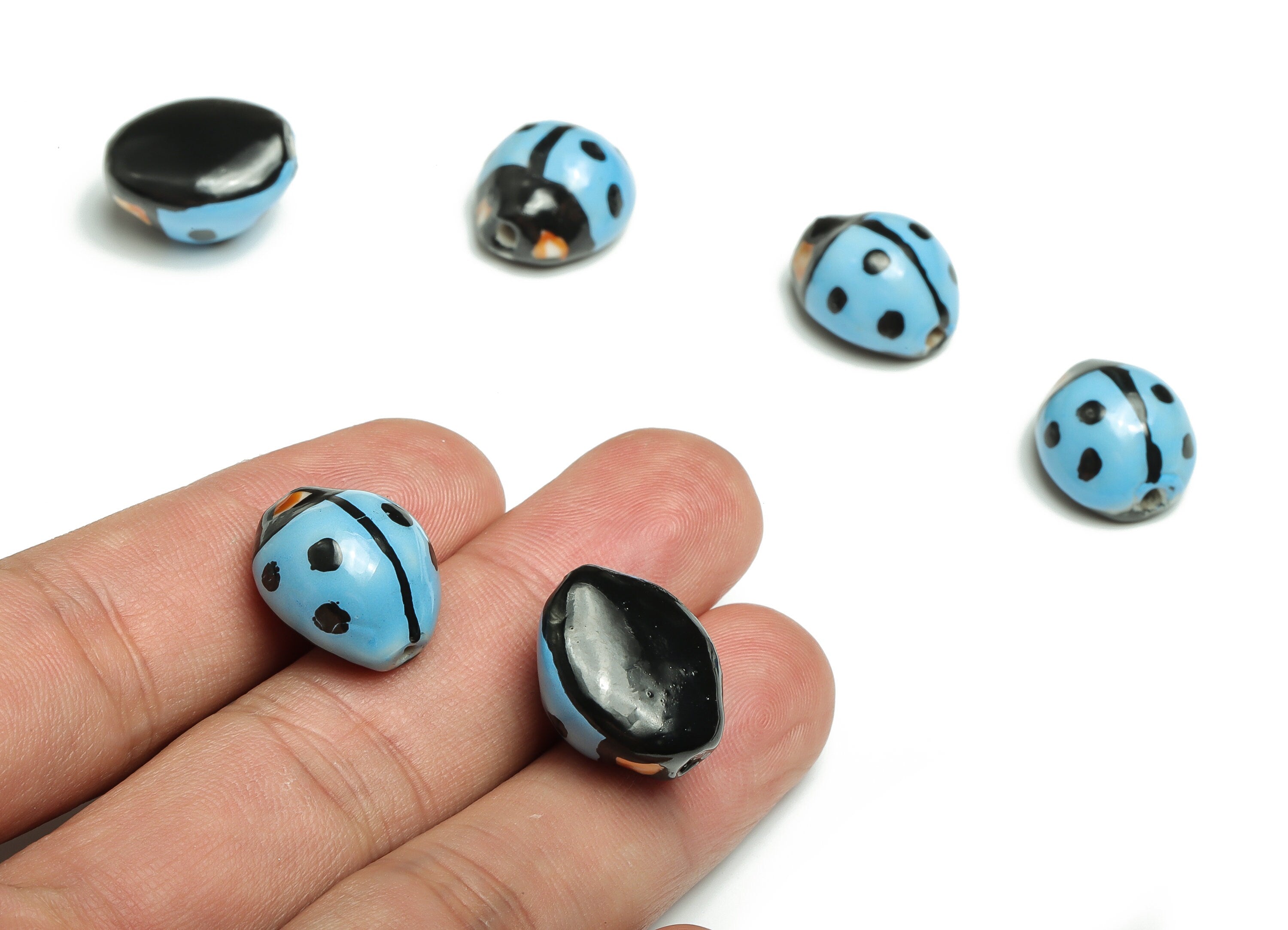 Glazed Ceramic ladybug Beads - Carved ladybug Beads - Handmade Beads - Necklace Beads - Connectors Beads - 17.73x15.48x10.2mm - NS1450 - DOMEDBAZAAR