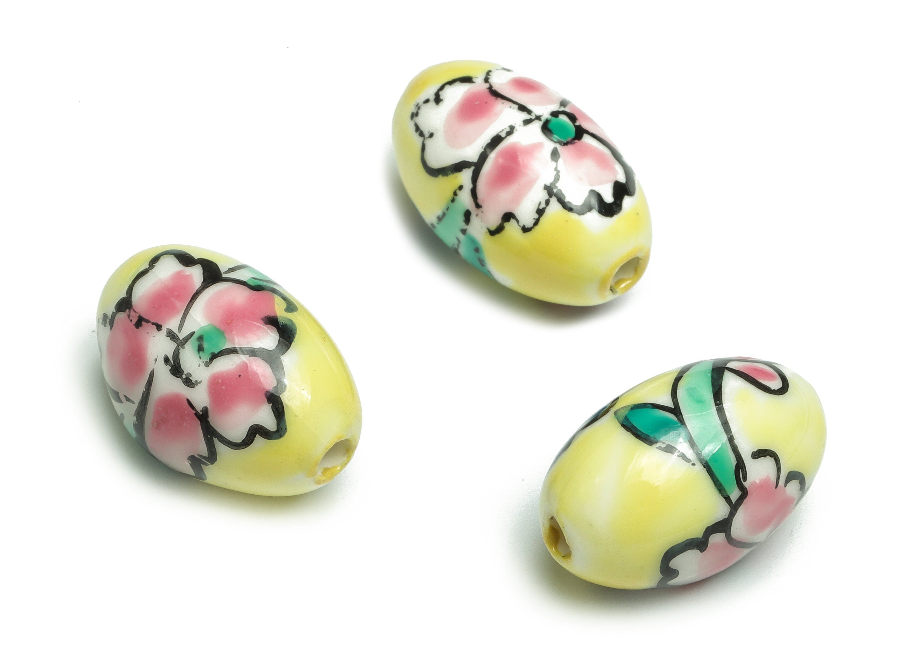 Glazed Ceramic Oval Beads - Carved Flower Beads - Handmade Beads - Necklace Beads - Connectors Beads - 20.1x12.08x12.08mm - NS1435 - DOMEDBAZAAR