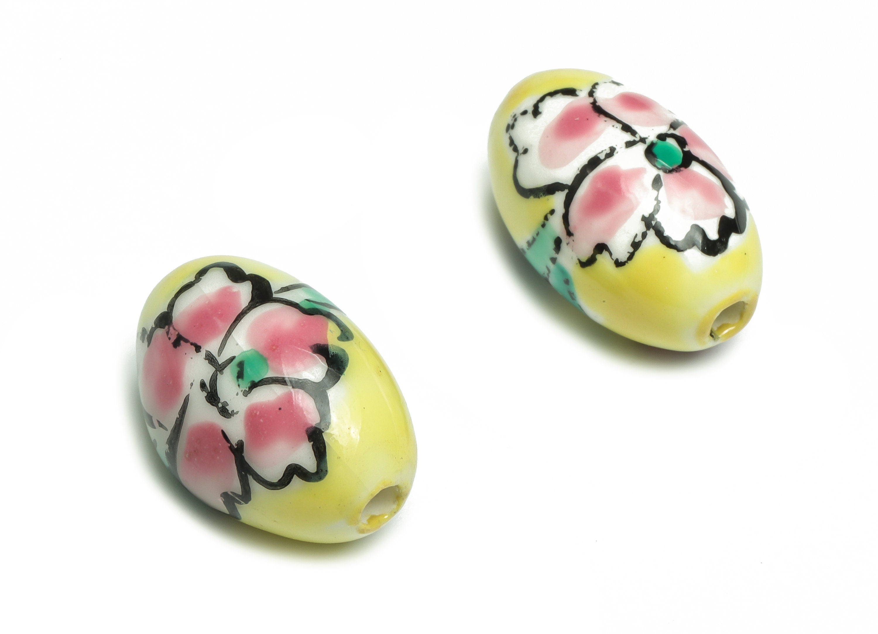 Glazed Ceramic Oval Beads - Carved Flower Beads - Handmade Beads - Necklace Beads - Connectors Beads - 20.1x12.08x12.08mm - NS1435 - DOMEDBAZAAR