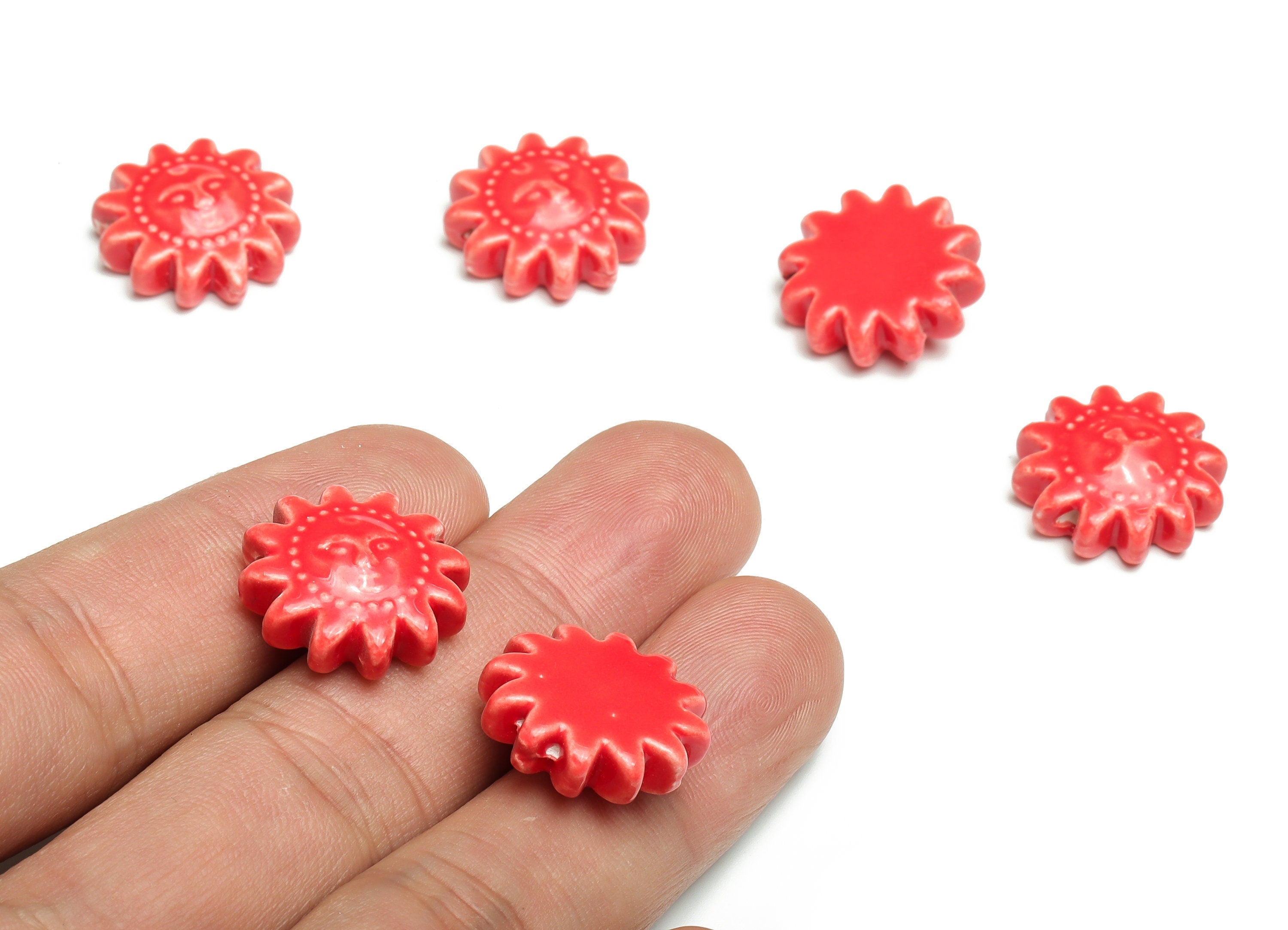 Glazed Ceramic Sun Beads - Carved Face Beads - Handmade Beads - Necklace Beads - Connectors Beads - 18.58x18.58x6.89mm - NS1449 - DOMEDBAZAAR