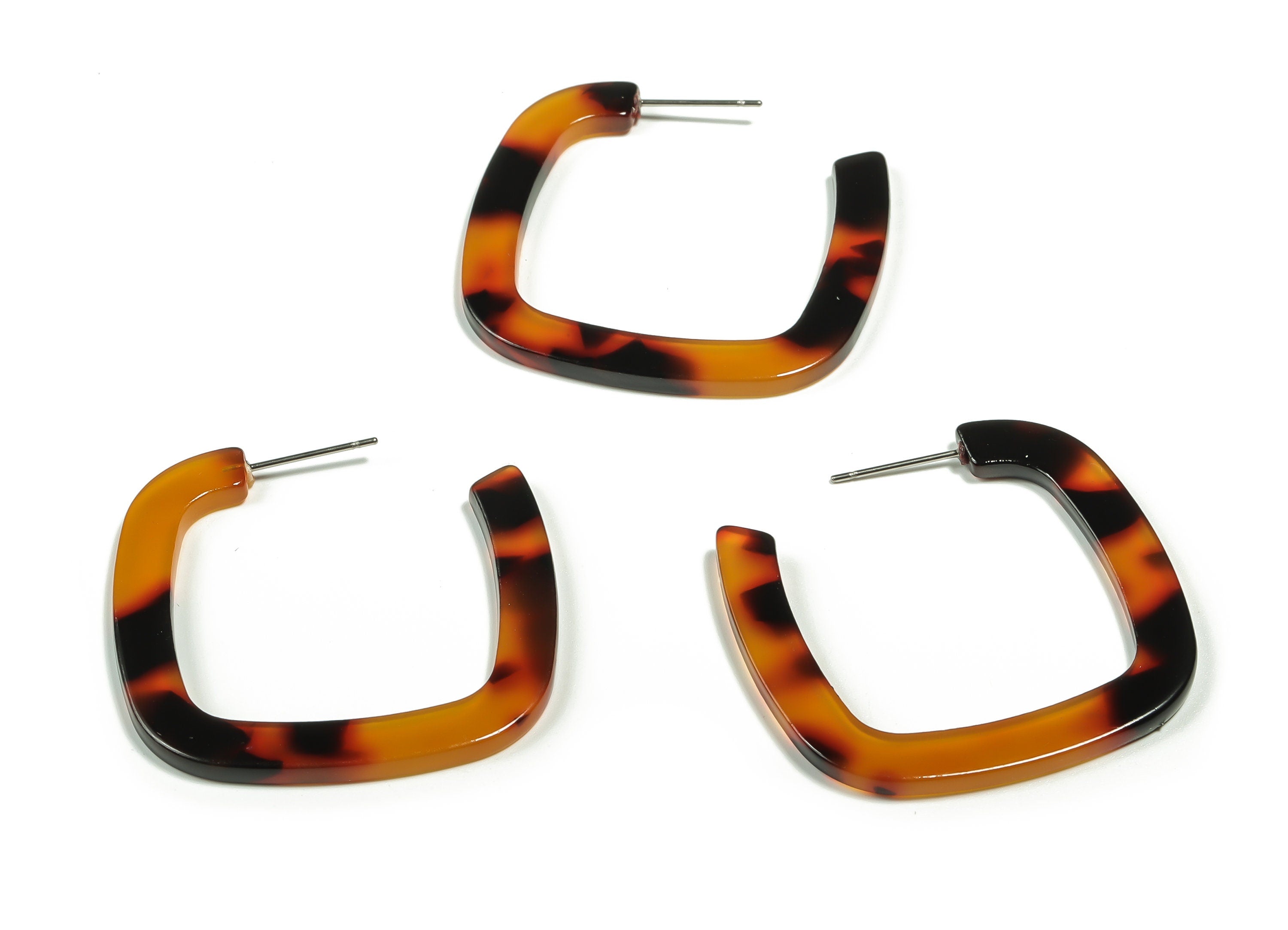 Acetate Square Earring Post - Acetate Square Stud - Tortoise Shell - Stainless Steel - Color Code: A04 - 39.2x38.15x2.5mm - AC2349-A04 - DOMEDBAZAAR