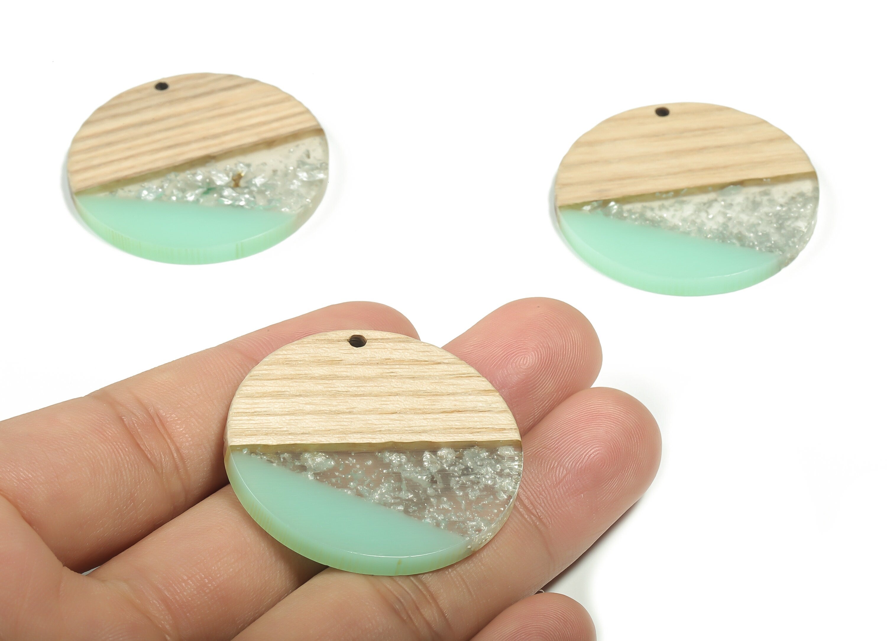 Walnut Wood Round Earring Charms - Resin Round Pendant - Green&Coffee Resin Round - Jewelry Making Supplies - 38.21x38.21x3.5mm - BB1116 - DOMEDBAZAAR