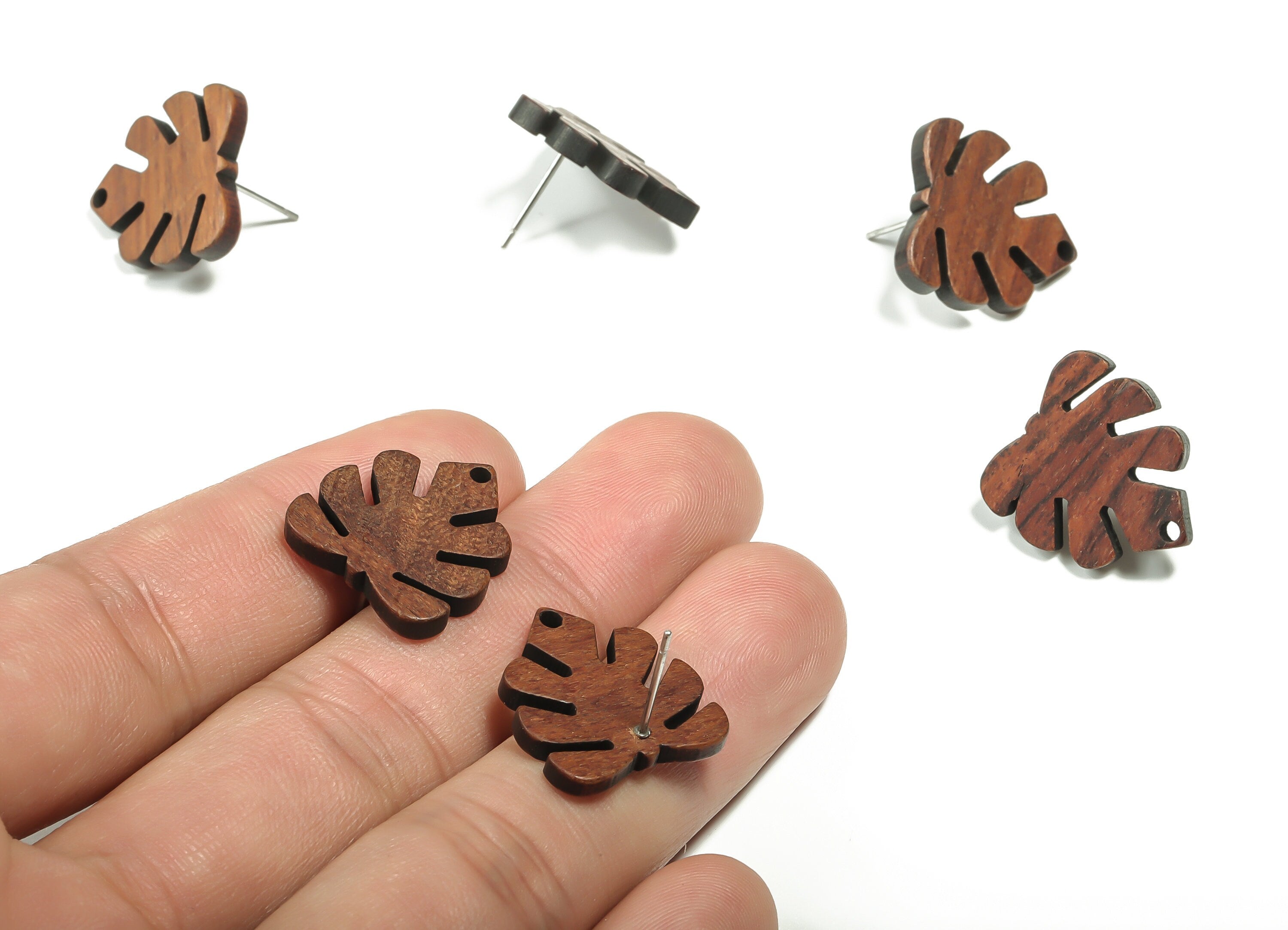 Mahogany Wood Monstera Earring Stud - Mahogany Wood Leaf Post - Stainless Steel Stud - Jewelry Making Supplies - 19.53x18.16x2.74mm - BB1129 - DOMEDBAZAAR