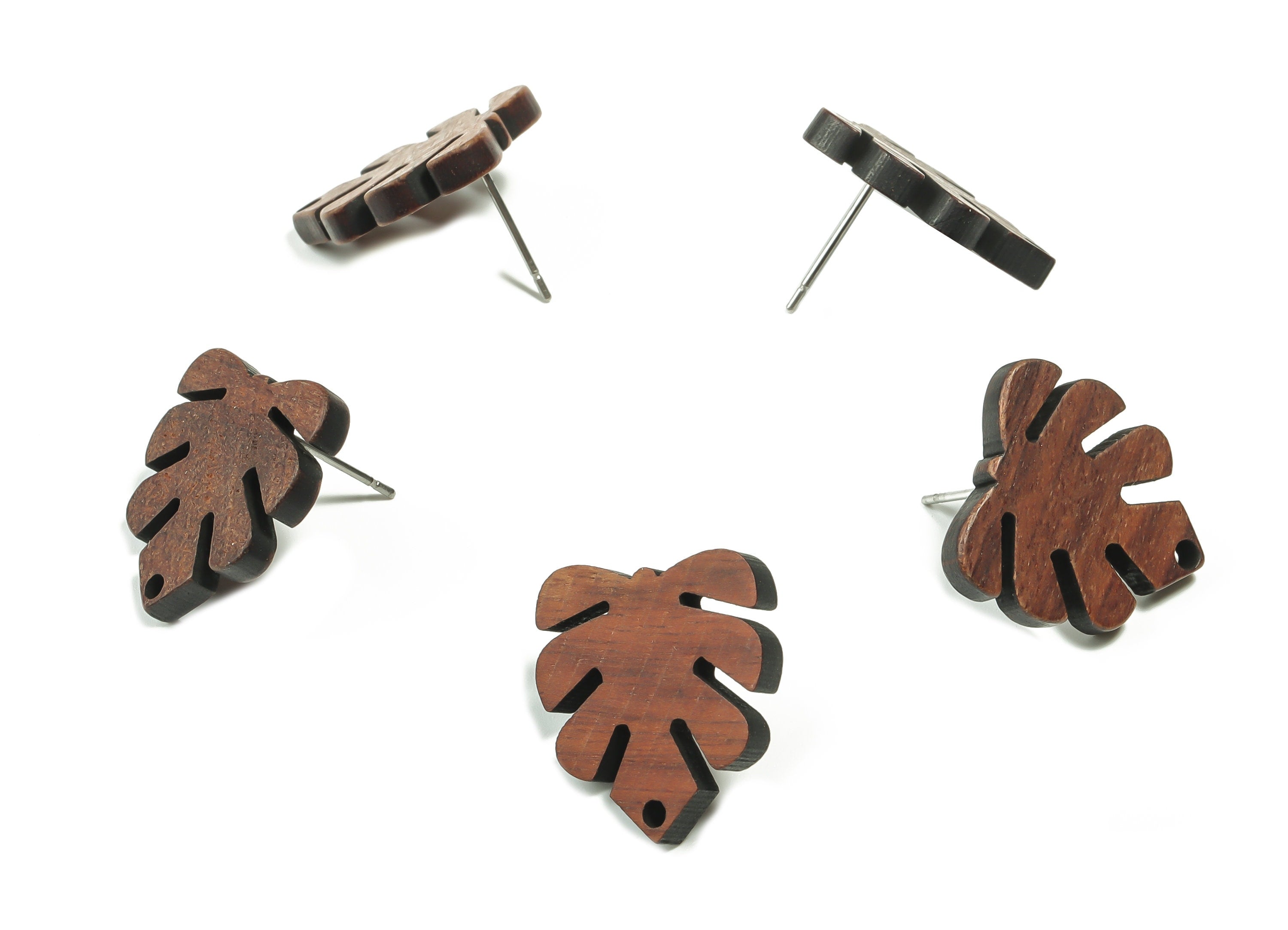 Mahogany Wood Monstera Earring Stud - Mahogany Wood Leaf Post - Stainless Steel Stud - Jewelry Making Supplies - 19.53x18.16x2.74mm - BB1129 - DOMEDBAZAAR