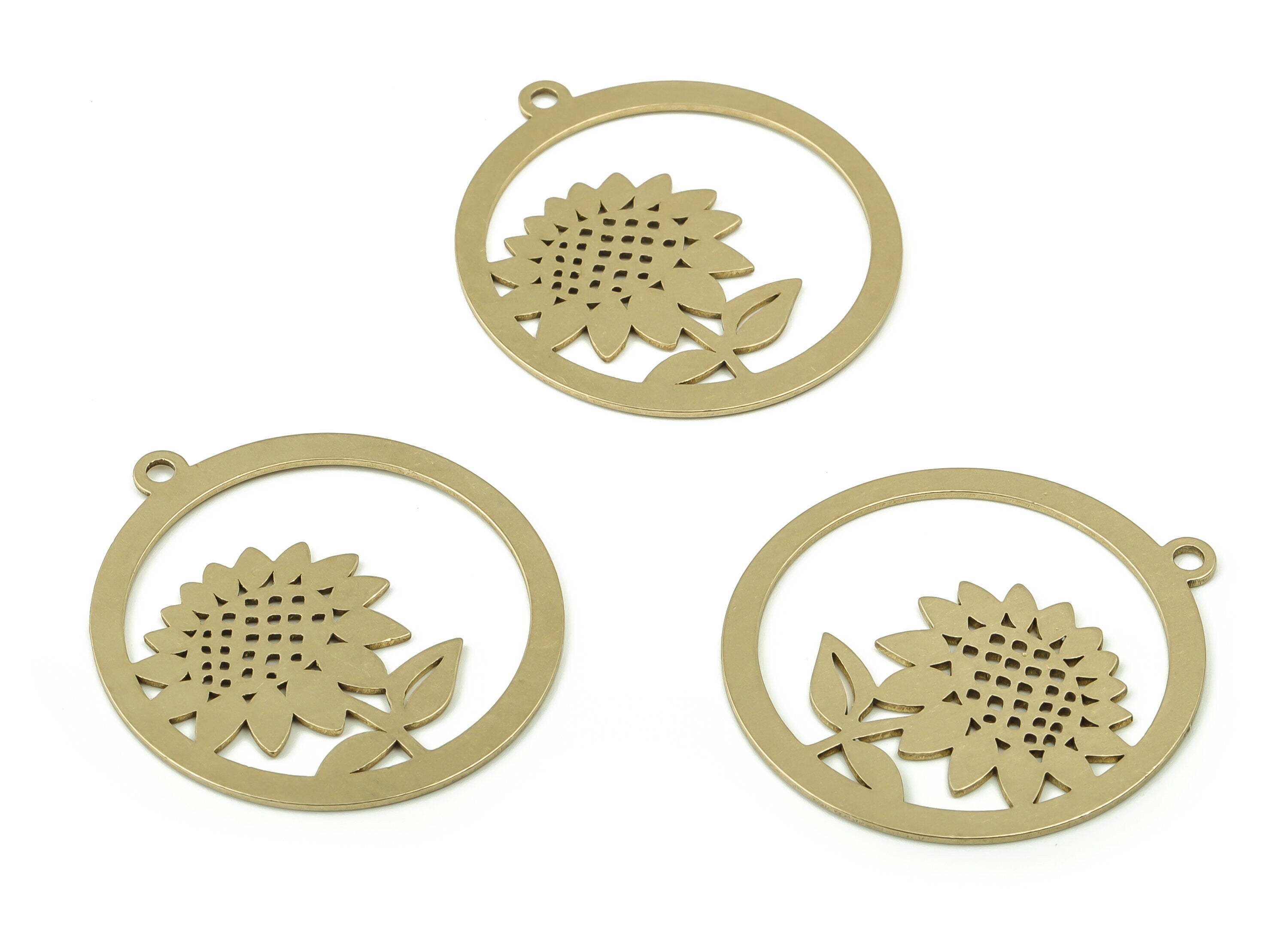 Brass Round Earring Charms - Raw Brass Sunflower Circle Pendant - Jewelry Making Supplies - 35.86x31.96x0.67mm - PPA0241 - DOMEDBAZAAR