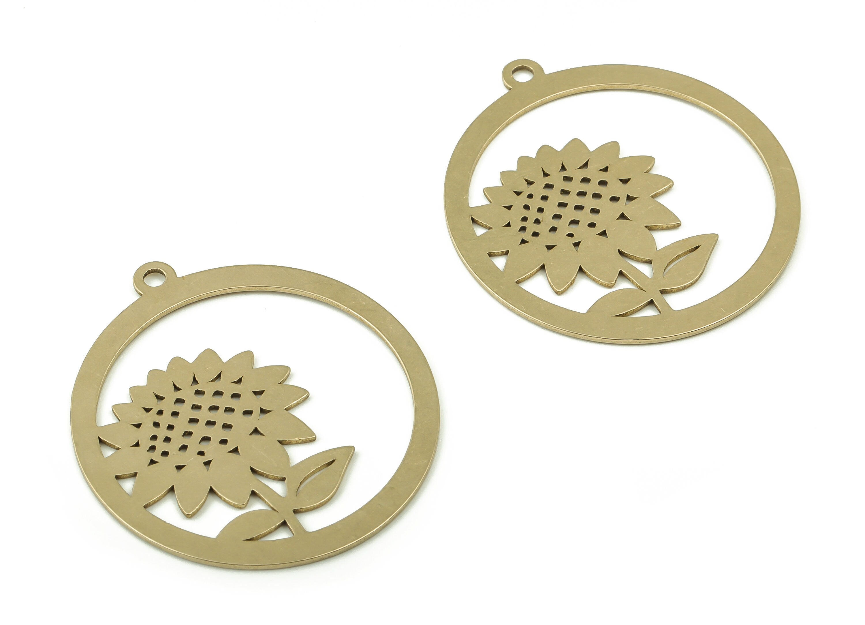 Brass Round Earring Charms - Raw Brass Sunflower Circle Pendant - Jewelry Making Supplies - 35.86x31.96x0.67mm - PPA0241 - DOMEDBAZAAR
