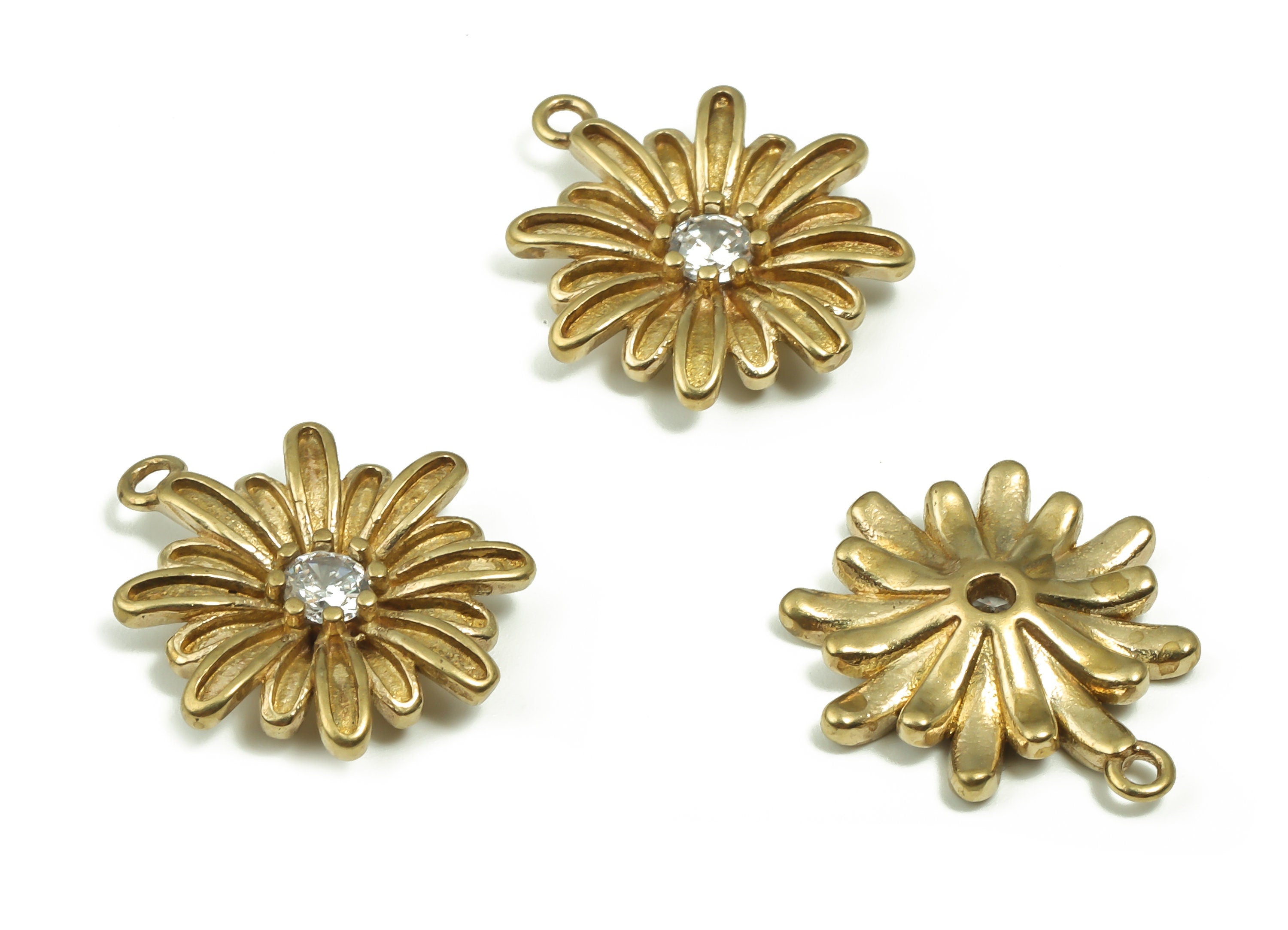 Raw Brass Daisy Flower Charms – Zircon Flower Earring Charms – Daisy Pendant Charms - Jewelry Making Supplies -18.76x16.86x3.32mm - PP4875 - DOMEDBAZAAR