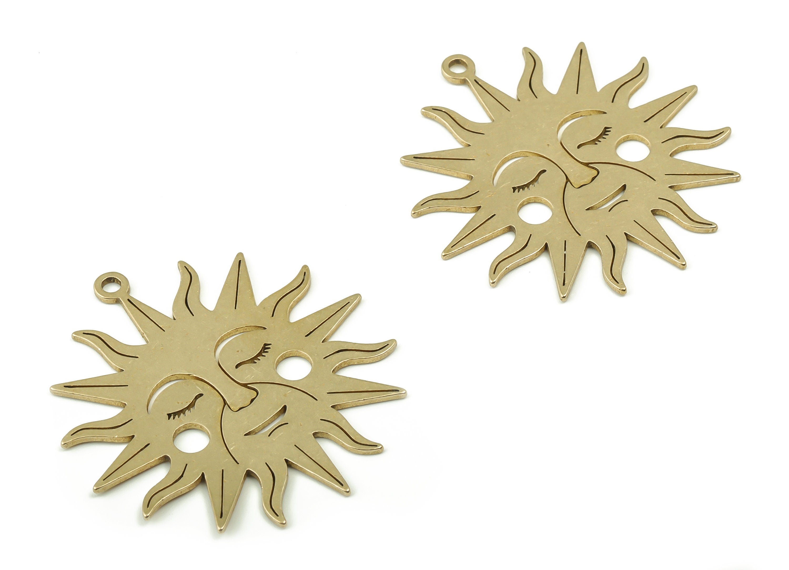 Brass Sleeping Sun Earring Charms - Raw Brass Wise Sun Pendant - DIY Jewelry Making Supplies - 40.27x37.55x0.88mm - PPA0182 - DOMEDBAZAAR