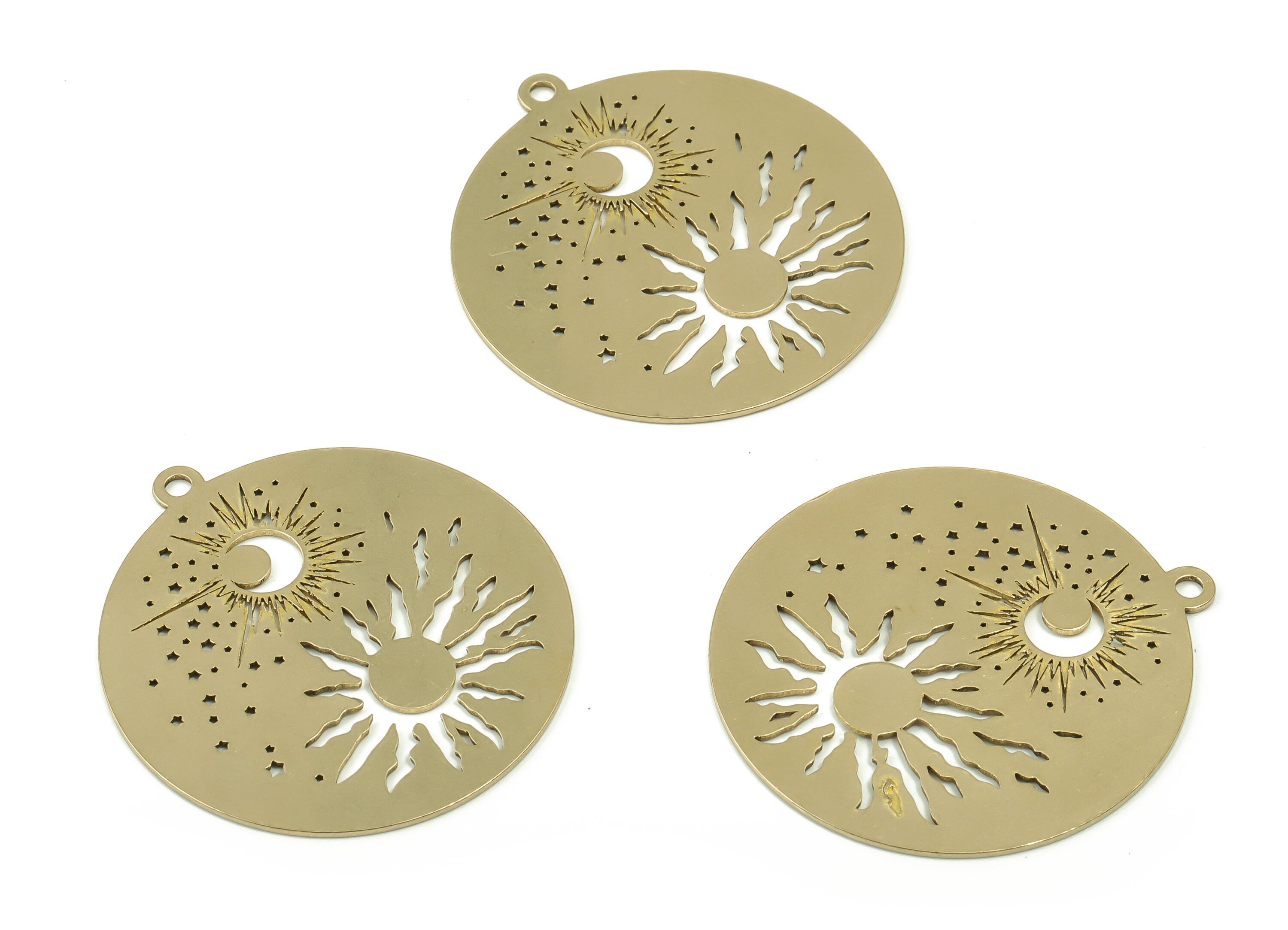 Brass Round Sun Earring Charms - Raw Brass Moon Star Pendant - Laser Cut Charm - Jewelry Making Supplies - 37.79x34.93x0.66mm - PPA0235 - DOMEDBAZAAR