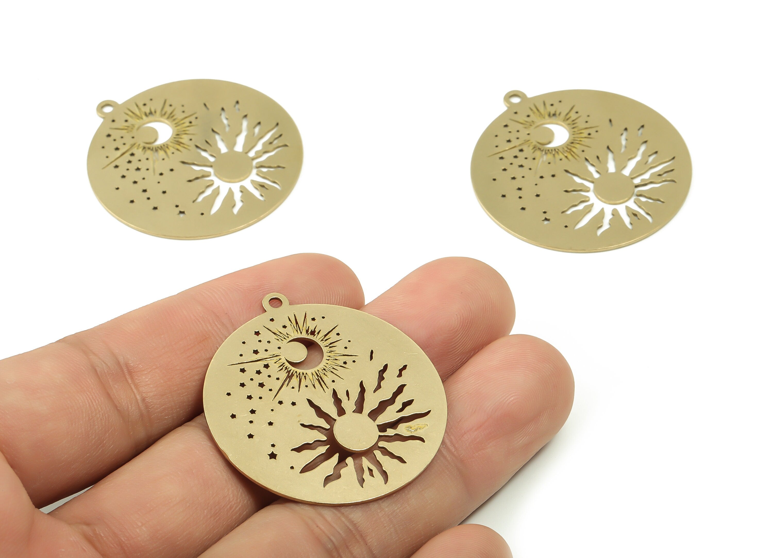 Brass Round Sun Earring Charms - Raw Brass Moon Star Pendant - Laser Cut Charm - Jewelry Making Supplies - 37.79x34.93x0.66mm - PPA0235 - DOMEDBAZAAR