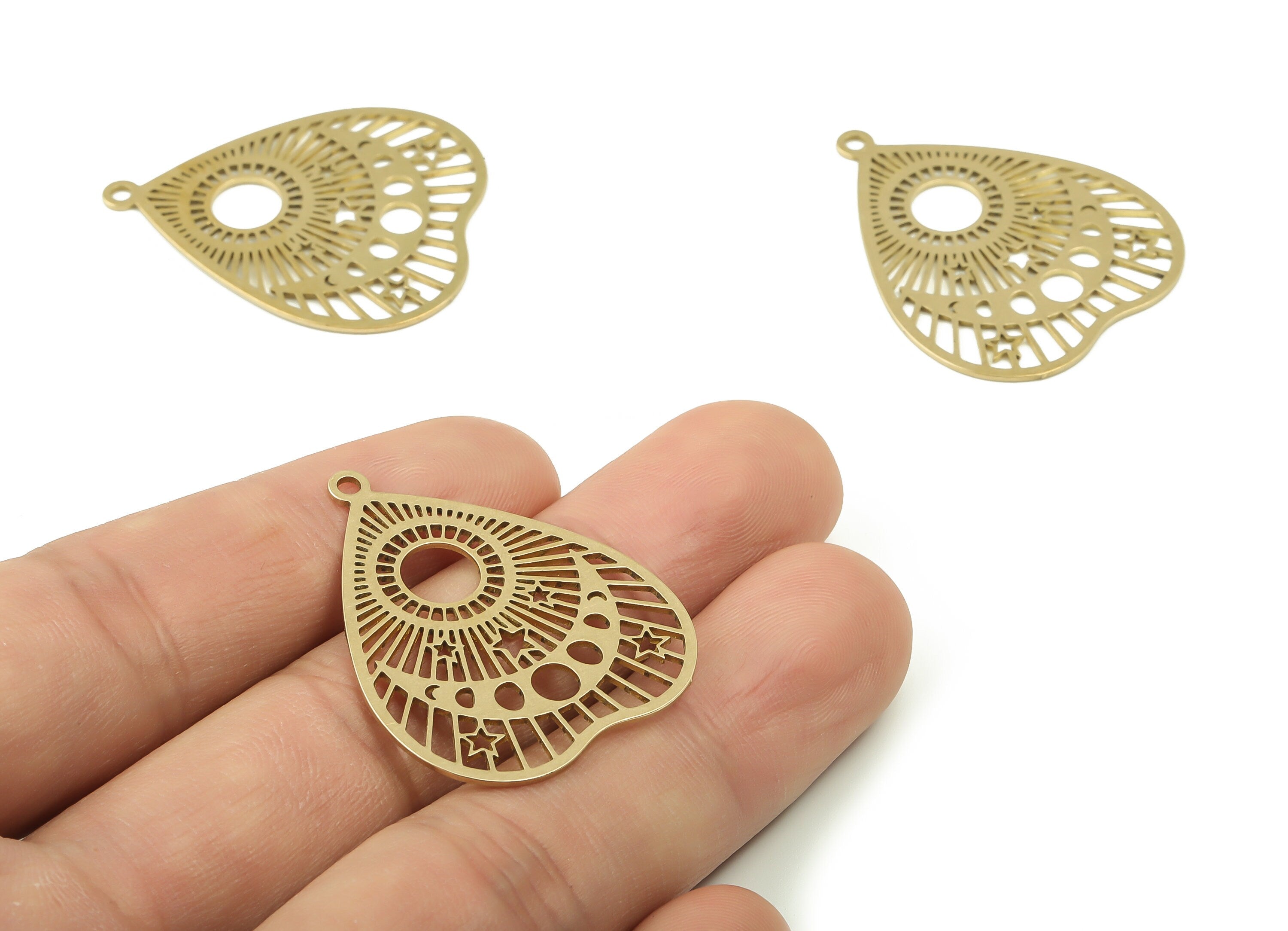 Brass Heart Sun Earring Connector - Raw Brass Moon Star Charms and Pendant - Jewelry Making Supplies - 34.69x28.39x0.67mm - PPZ0030 - DOMEDBAZAAR