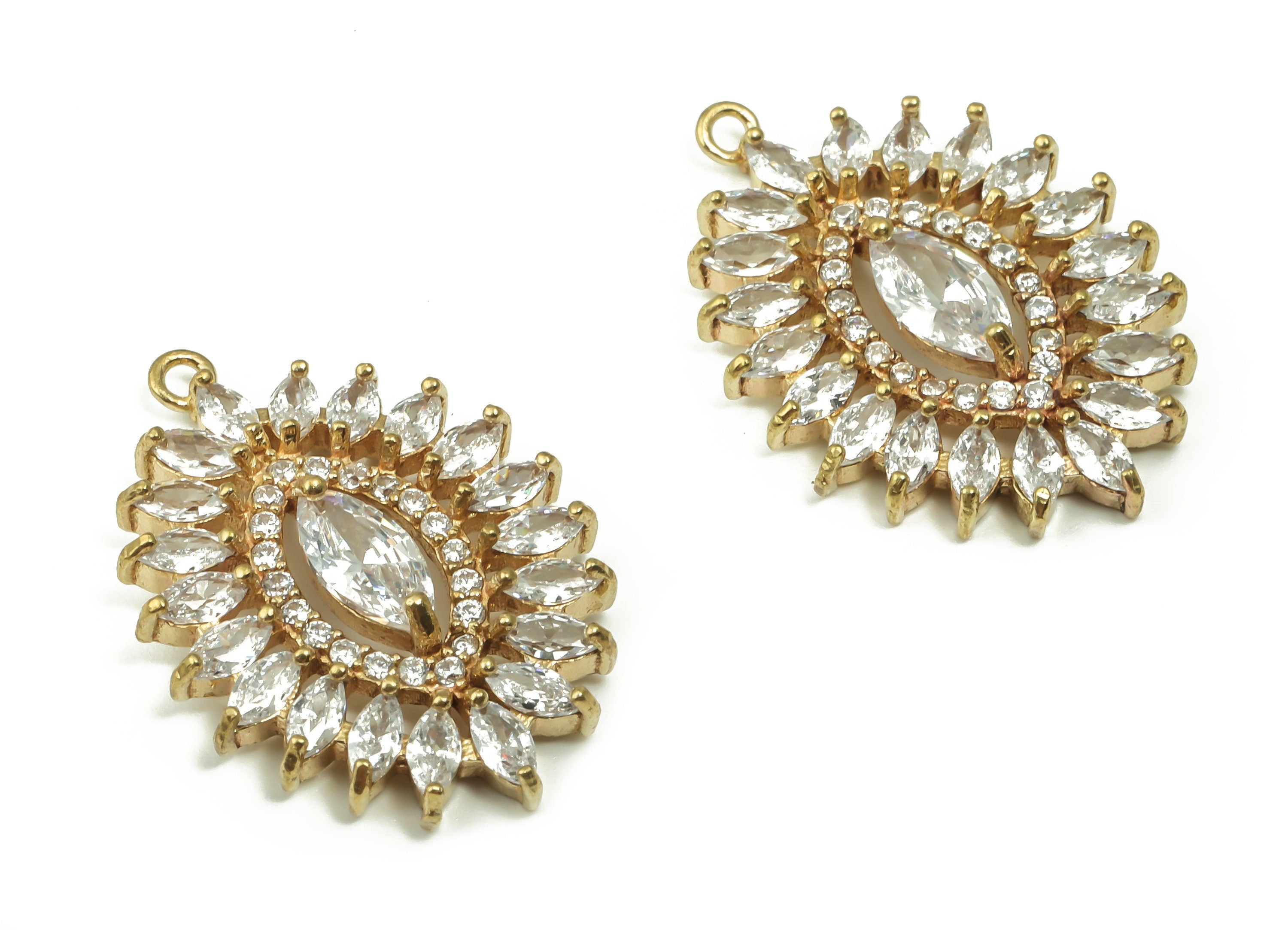 Raw Brass Sunshine Earrings Charm - Zircon Charms - Cubic Zirconia Crystal Flower Charms - Jewelry Making Supplies  -25.71x18.31x3mm- PP4863 - DOMEDBAZAAR