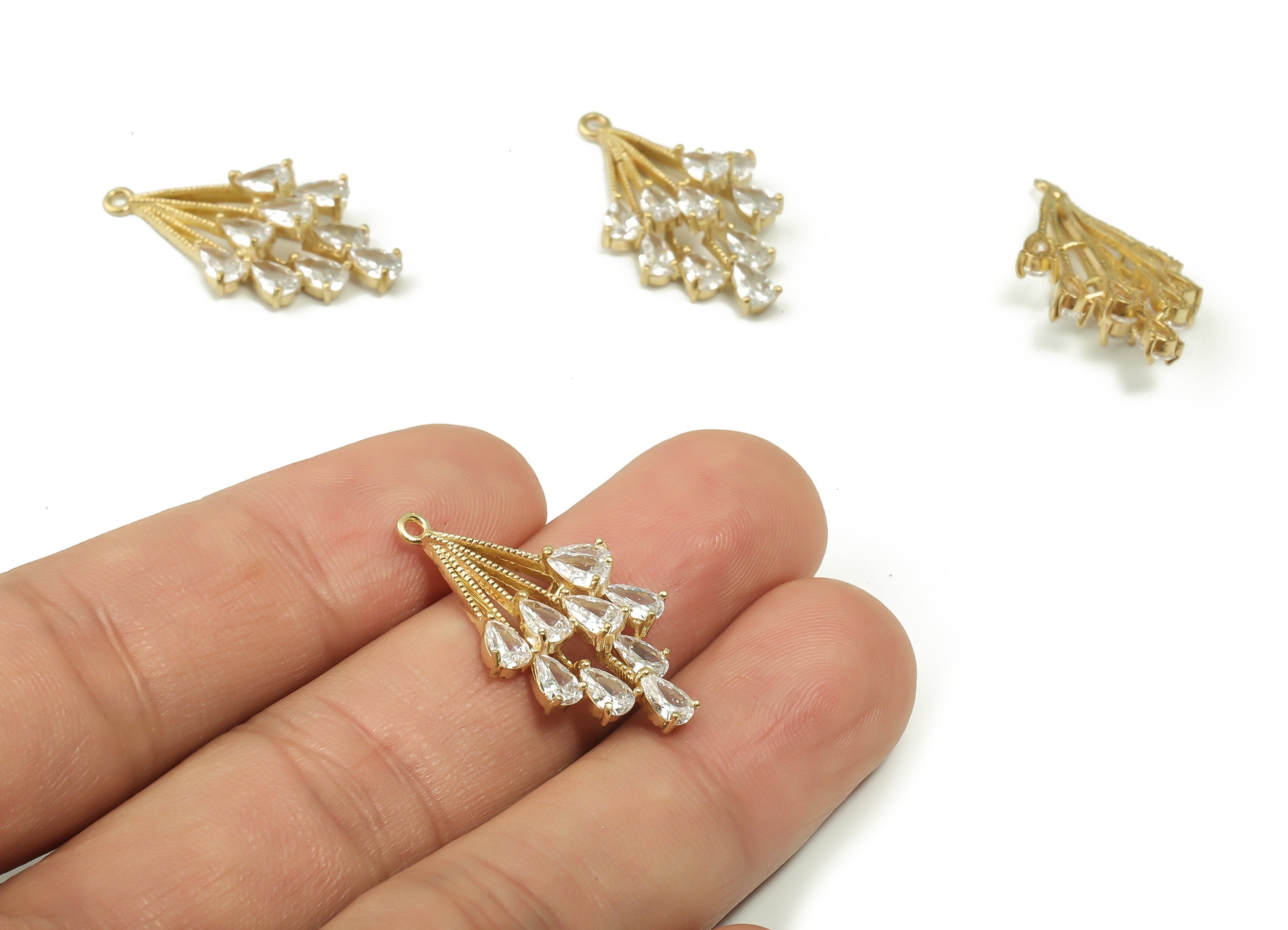 Raw Brass Flower Spike Earring Charm - Brass Zircon Leaves Pendant Charm - DIY Jewelry Making Supplies - 28.13x16.22x6.42mm - PP4860 - DOMEDBAZAAR