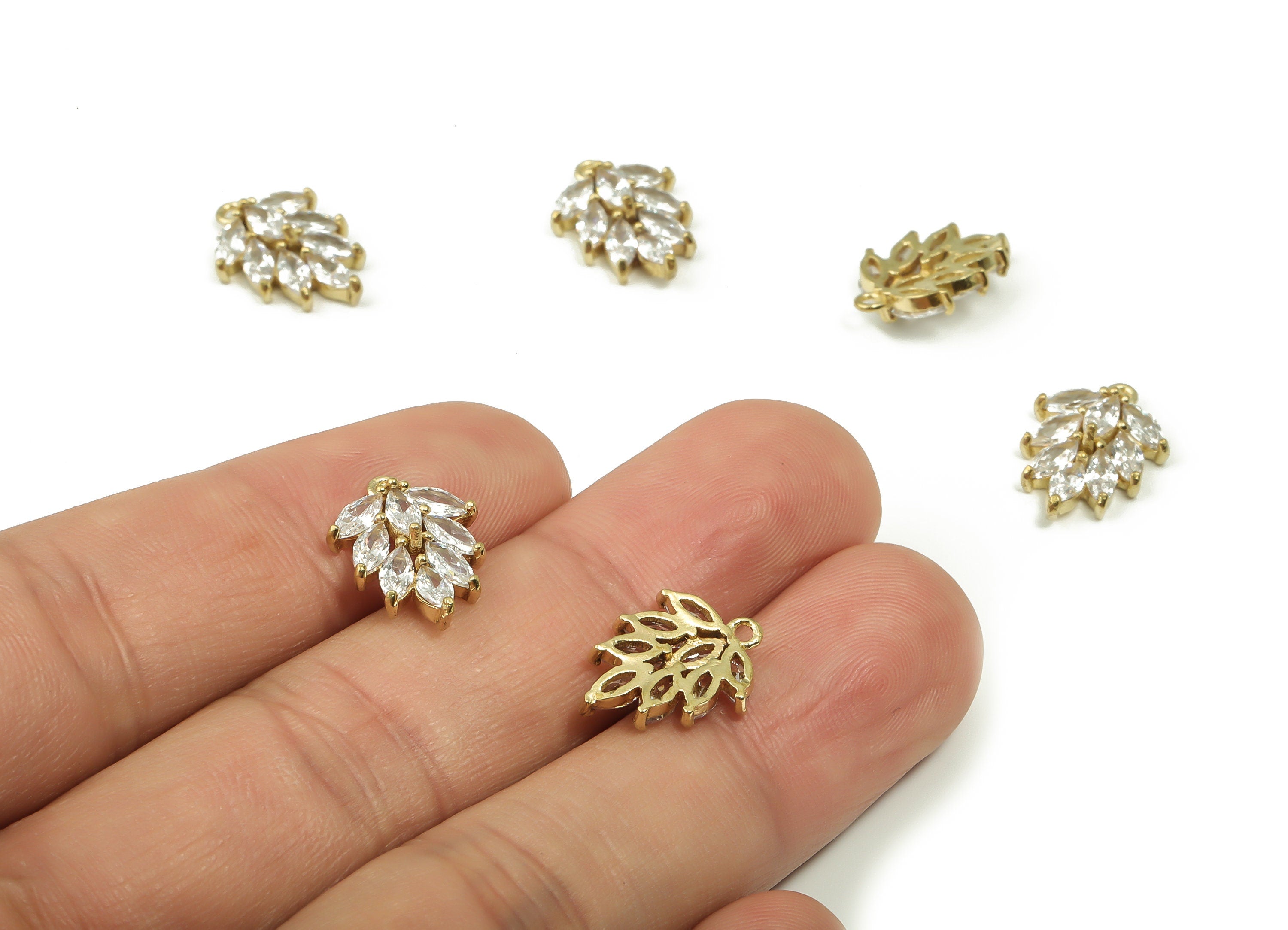 Raw Brass Leaves Earrings Charm - Zircon Pave Leaf Charm Pendant - Gift for Her - Jewelry Making Findings -15.1x11.4x4.08mm- PP4859 - DOMEDBAZAAR