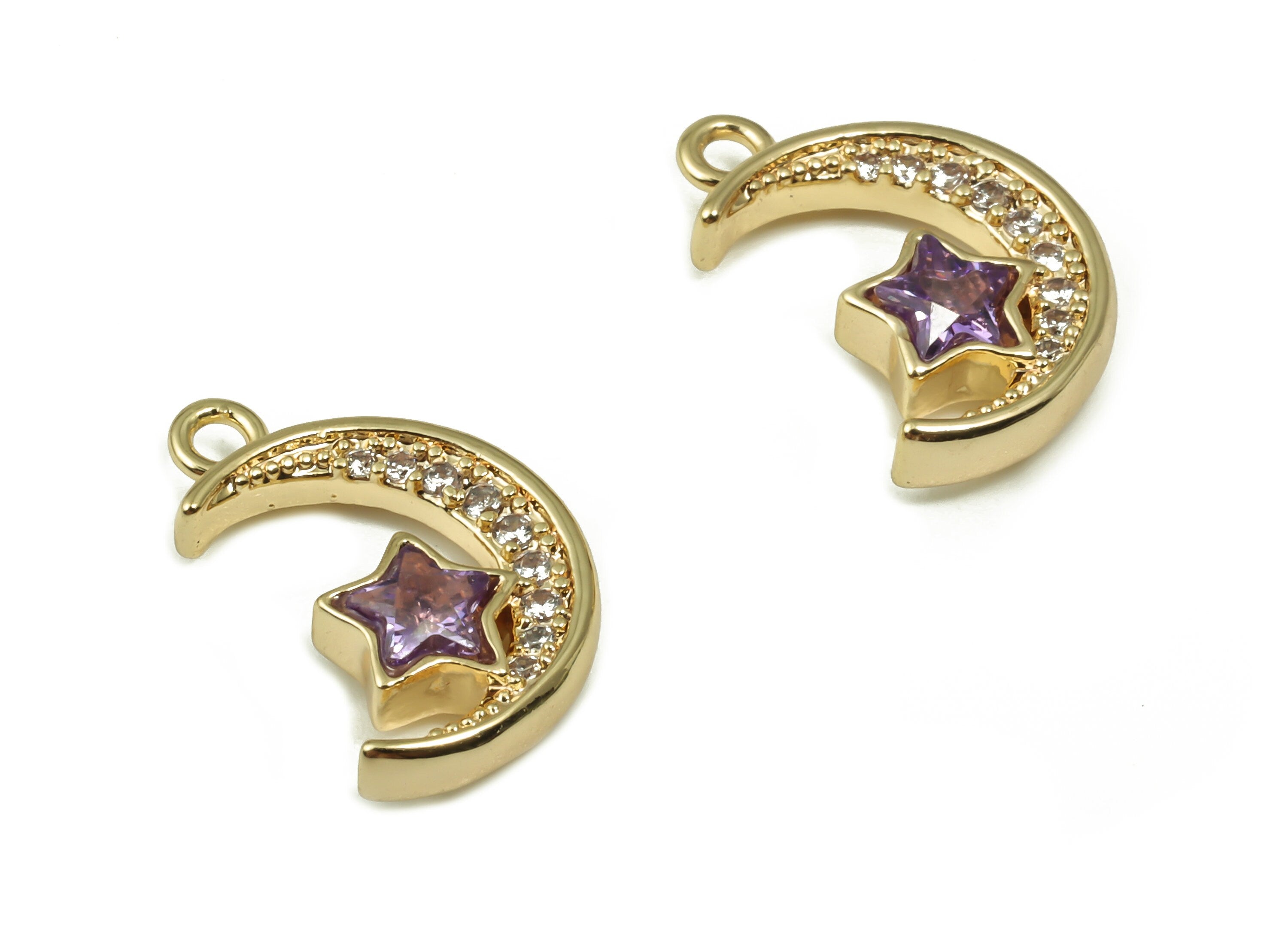 Brass Crescent Earring Charms With Zircons - Gold Moon Star Pendant - 18K Real Gold Plated Brass - Jewelry Supplies - 15.5x10x3.5mm -RGP4161 - DOMEDBAZAAR