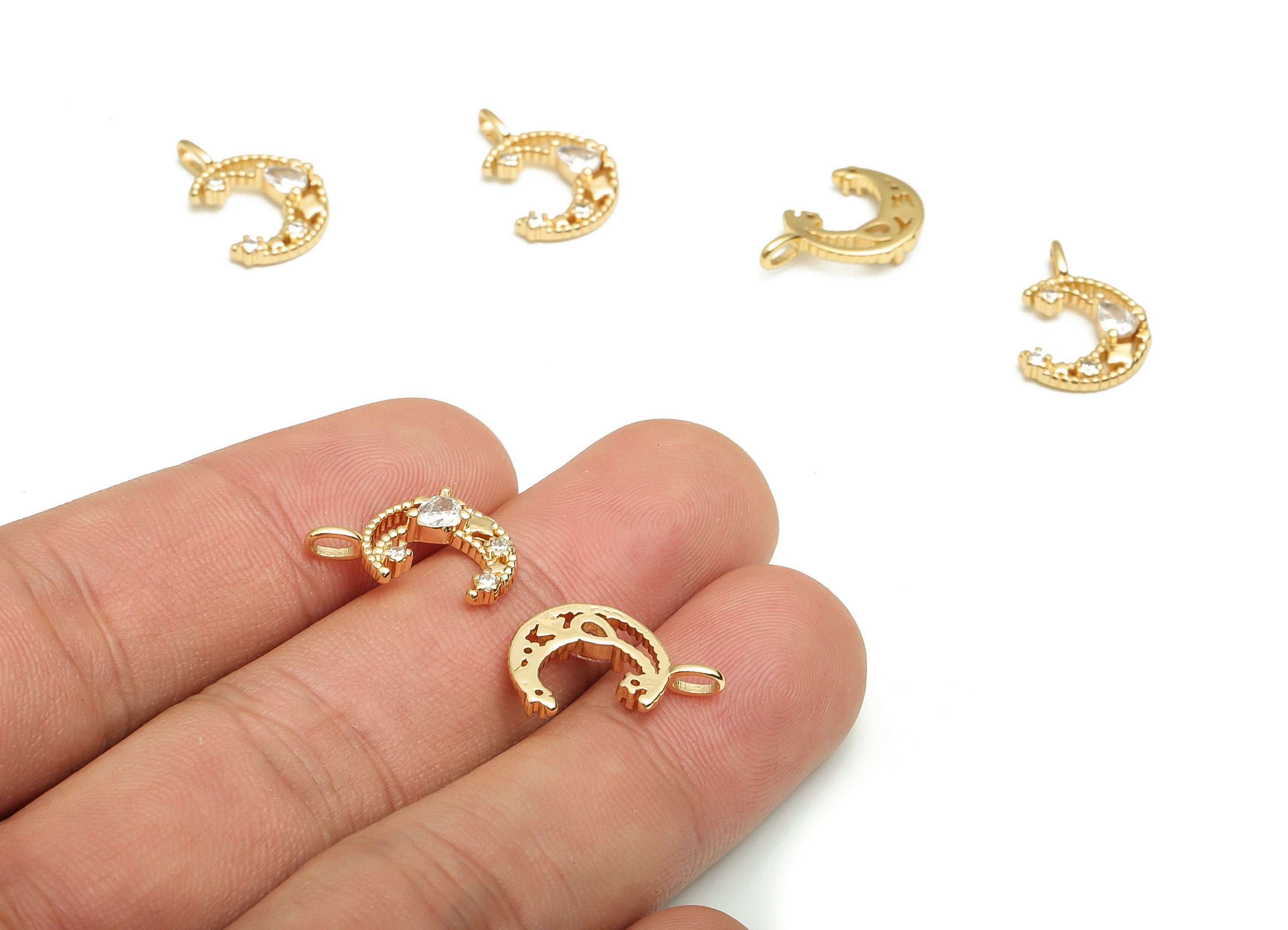 Brass Crescent Earring Charms With Zircons - Gold Moon Pendant - 18K Real Gold Plated Brass - Jewelry Supplies - 15.46x12.1x3.26mm - RGP4115 - DOMEDBAZAAR