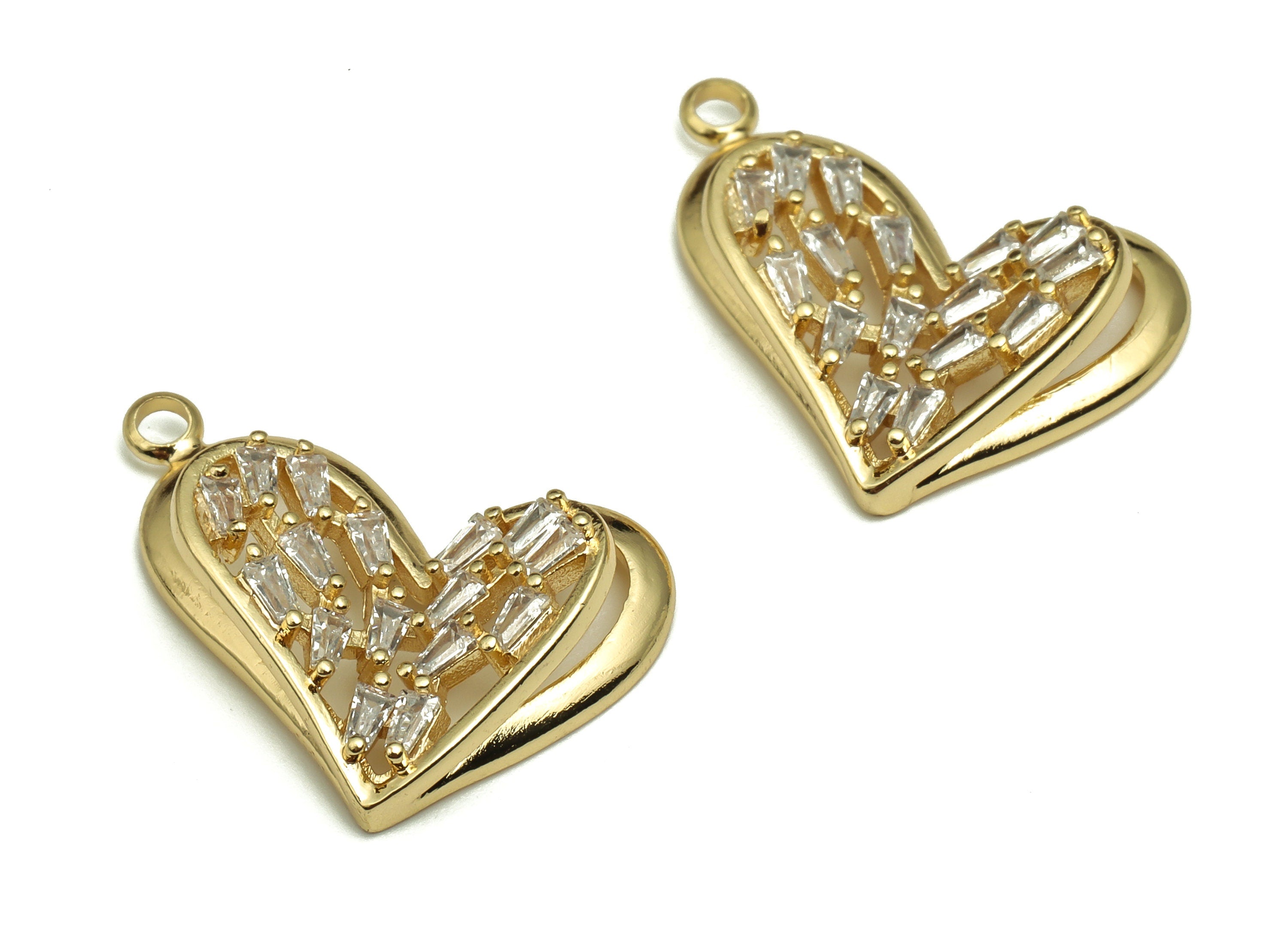 Brass Heart Earring Charms With Zircons - Gold Heart Pendant - 18K Real Gold Plated Brass - Jewelry Supplies - 22.06x16.58x3.52mm - RGP4113 - DOMEDBAZAAR