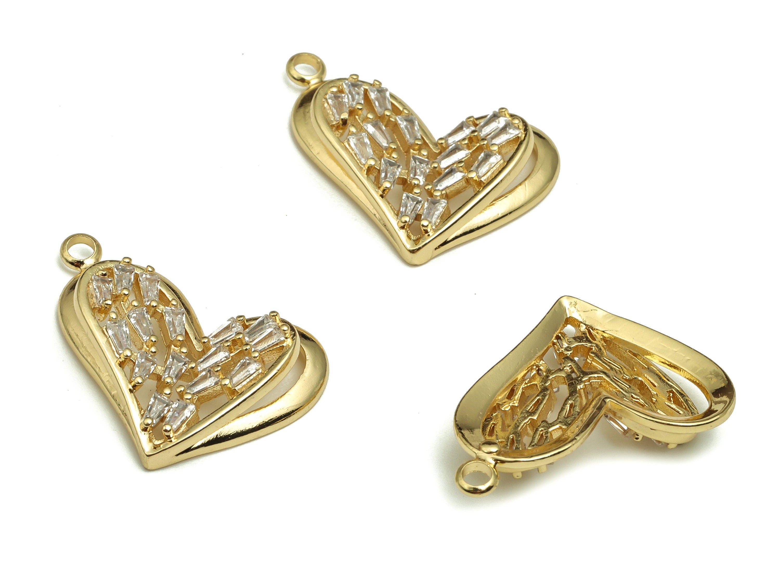 Brass Heart Earring Charms With Zircons - Gold Heart Pendant - 18K Real Gold Plated Brass - Jewelry Supplies - 22.06x16.58x3.52mm - RGP4113 - DOMEDBAZAAR