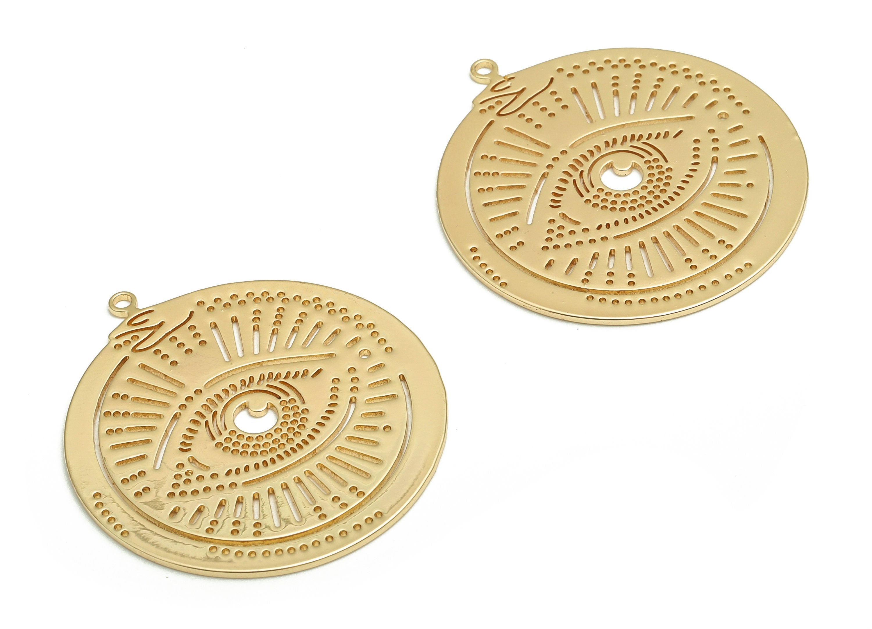 Brass Round Earring Charms - Gold Eye Circle Pendant - 18K Real Gold Plated Brass - Jewelry Making Supplies - 32.76x29.79x0.77mm - RGP4097 - DOMEDBAZAAR