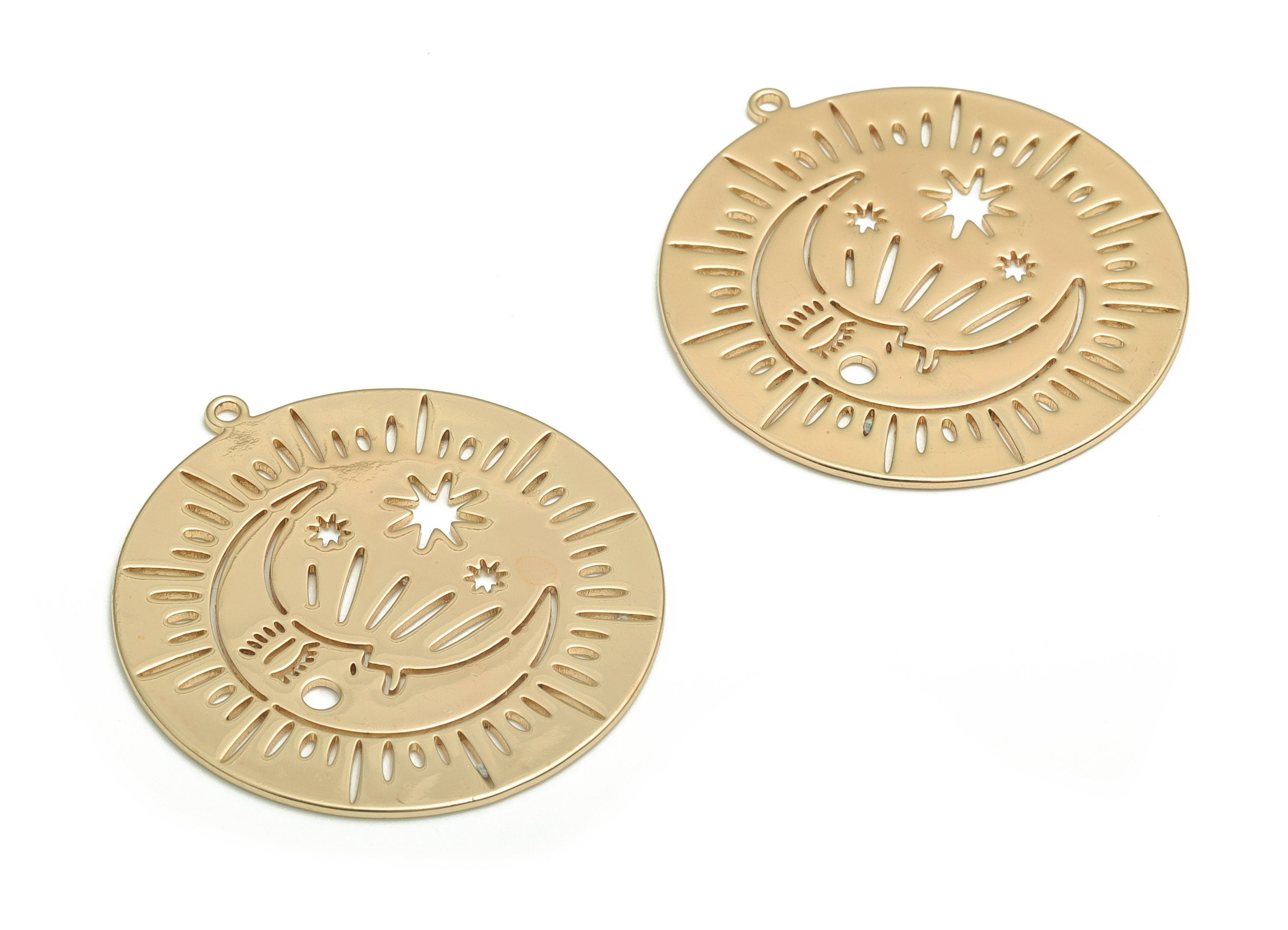 Brass Round Crescent Earring Charms - Gold Moon Sun Pendant - 18K Real Gold Plated Brass - Jewelry Supplies - 32.38x30.08x0.84mm - RGP4112 - DOMEDBAZAAR