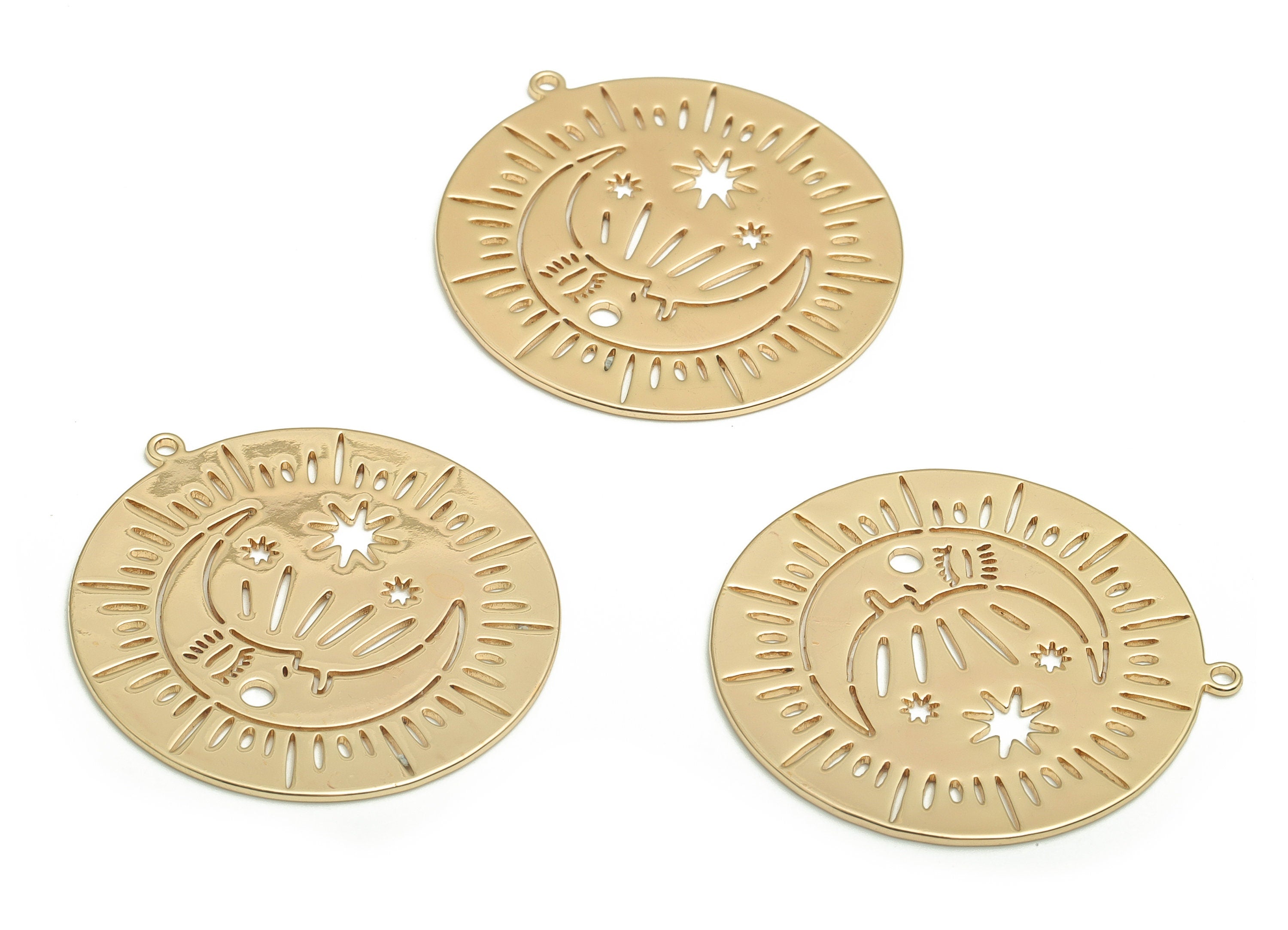 Brass Round Crescent Earring Charms - Gold Moon Sun Pendant - 18K Real Gold Plated Brass - Jewelry Supplies - 32.38x30.08x0.84mm - RGP4112 - DOMEDBAZAAR