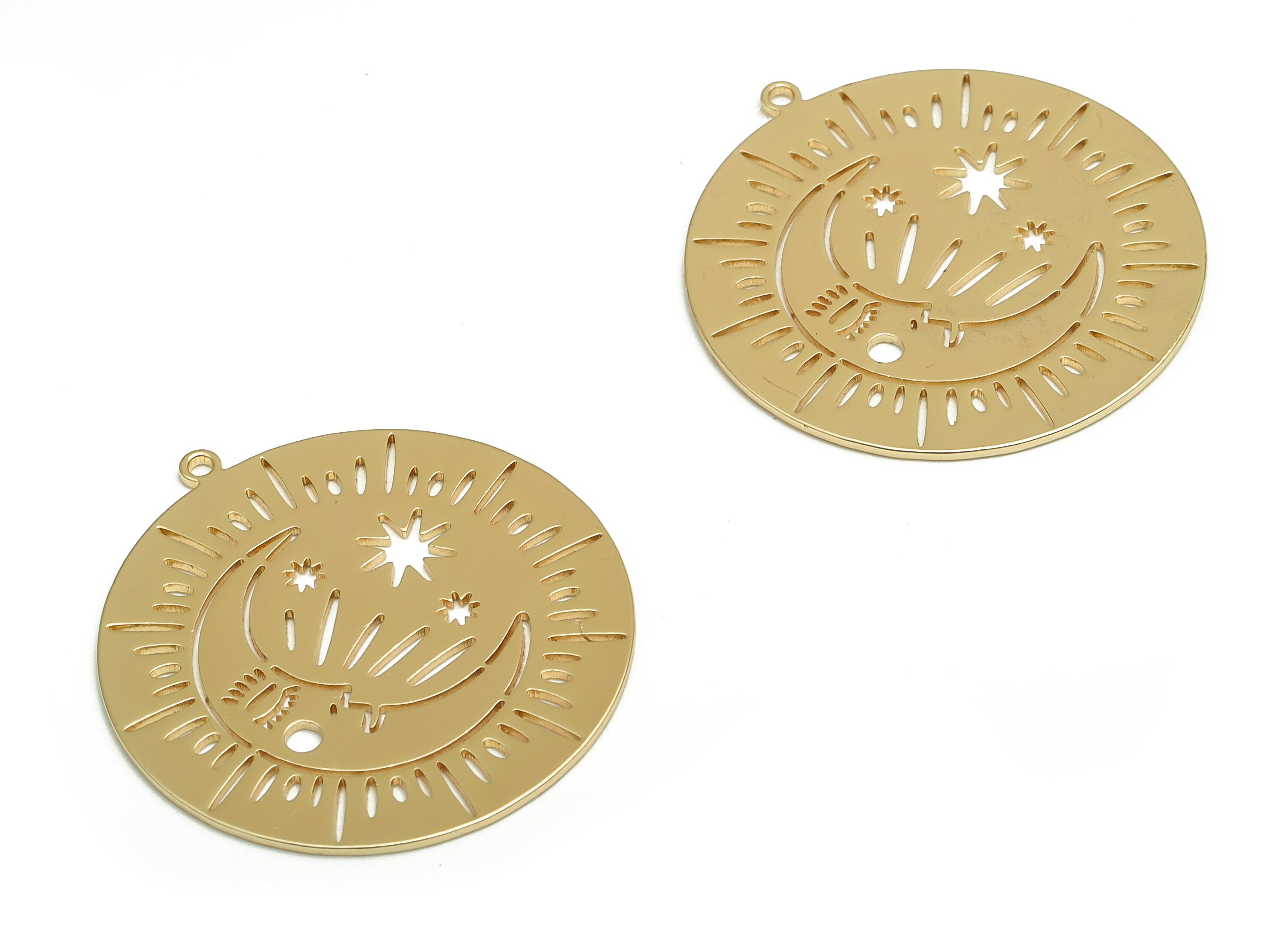 Brass Round Earring Charms - Gold Moon Sun Pendant - 18K Real Gold Plated Brass - Jewelry Making Supplies - 32.17x30x0.86mm - RGP4119 - DOMEDBAZAAR