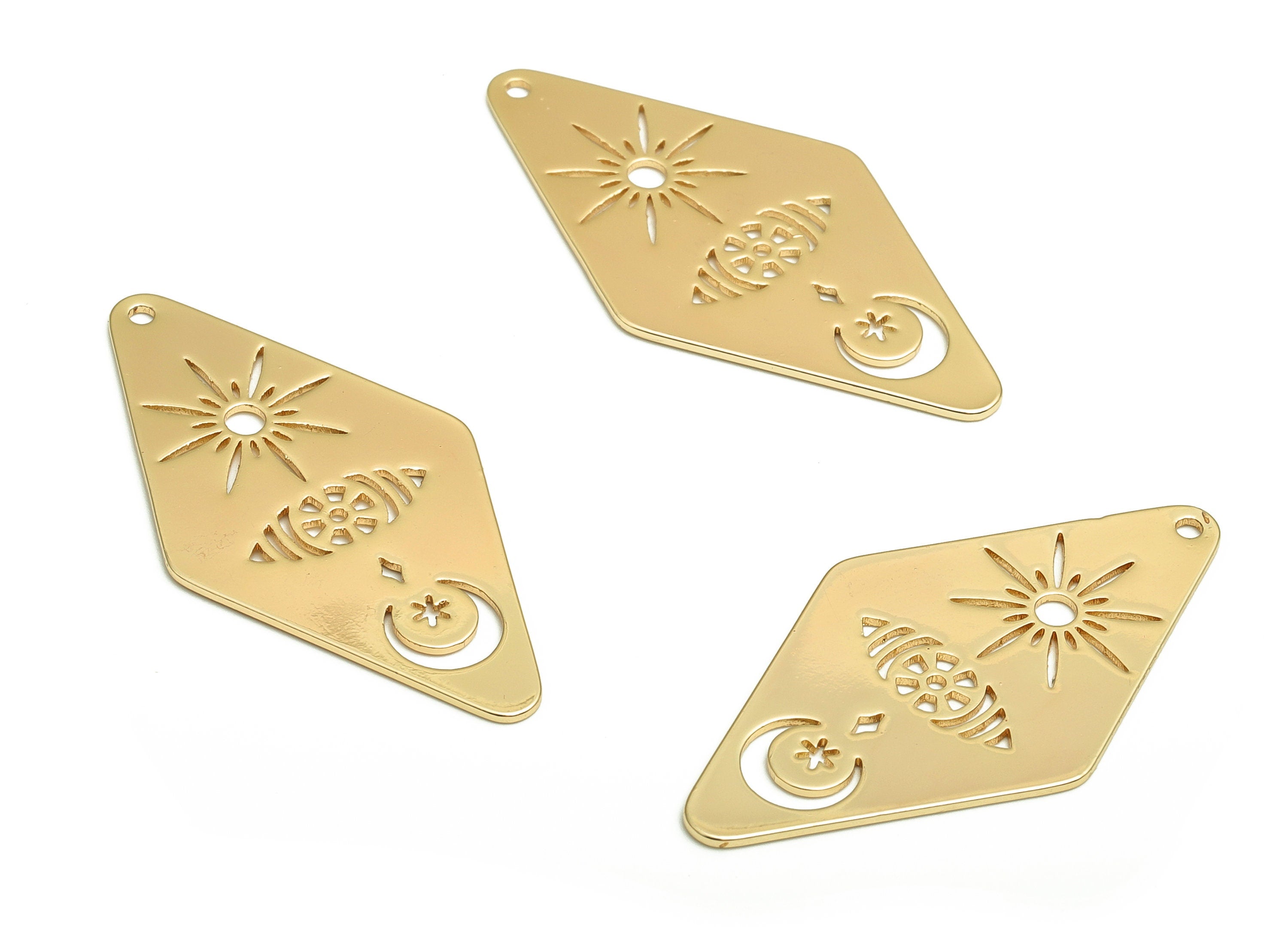 Brass Diamond Earring Charms - Gold Moon Sun Pendant - 18K Real Gold Plated Brass - Jewelry Making Supplies - 36.36x18.66x0.78mm - RGP4059 - DOMEDBAZAAR