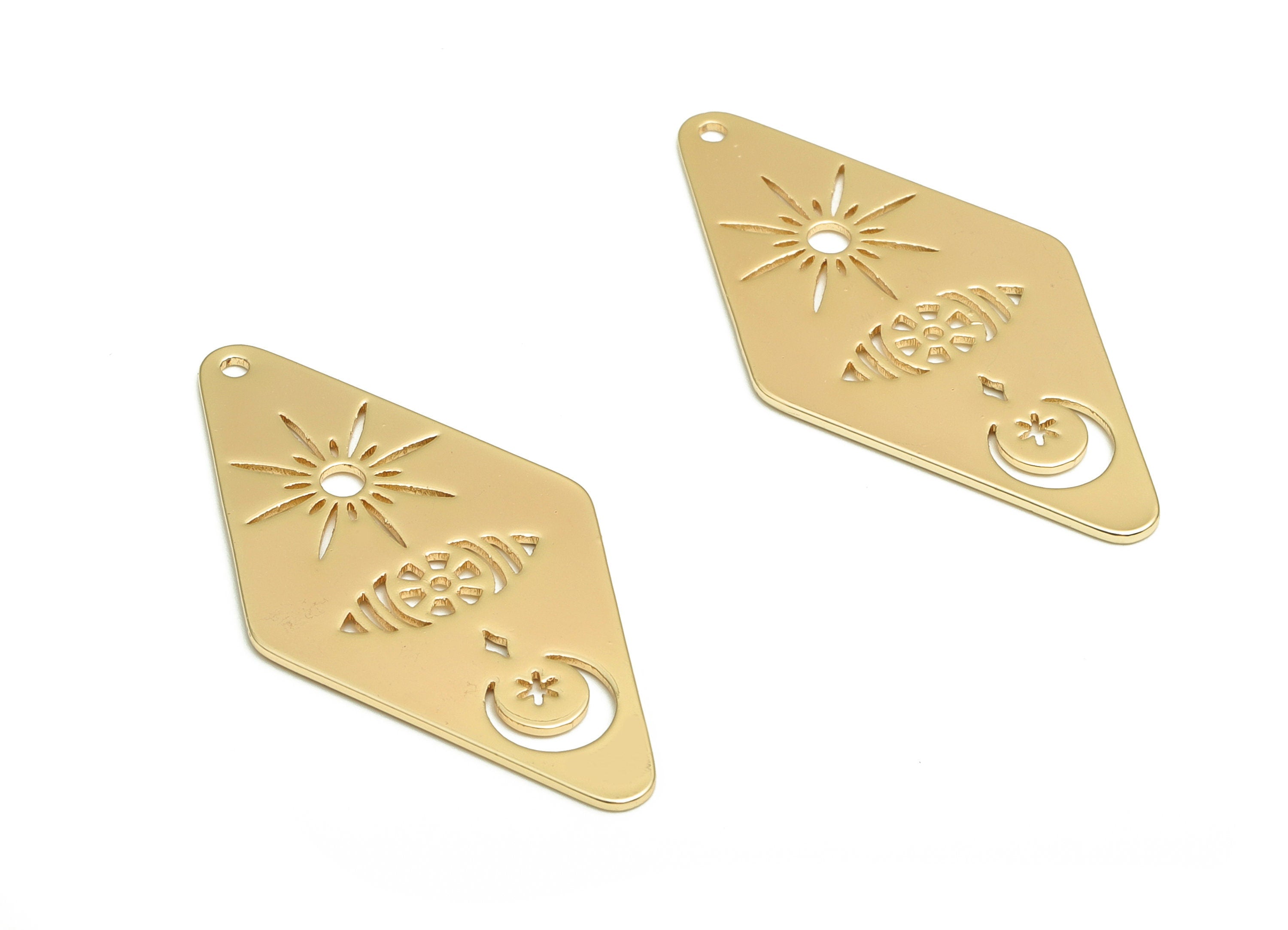 Brass Diamond Earring Charms - Gold Moon Sun Pendant - 18K Real Gold Plated Brass - Jewelry Making Supplies - 36.36x18.66x0.78mm - RGP4059 - DOMEDBAZAAR