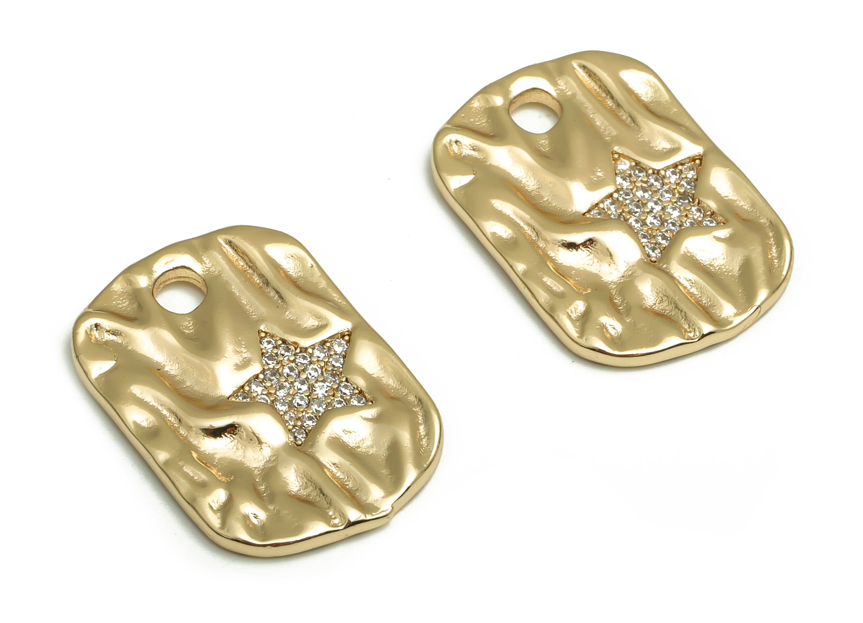 Brass Rectangle Earring Charms With Zircons - Gold Star Pendant - 18K Real Gold Plated Brass - Jewelry Supplies - 22.41x15.46x1.9mm- RGP4114 - DOMEDBAZAAR