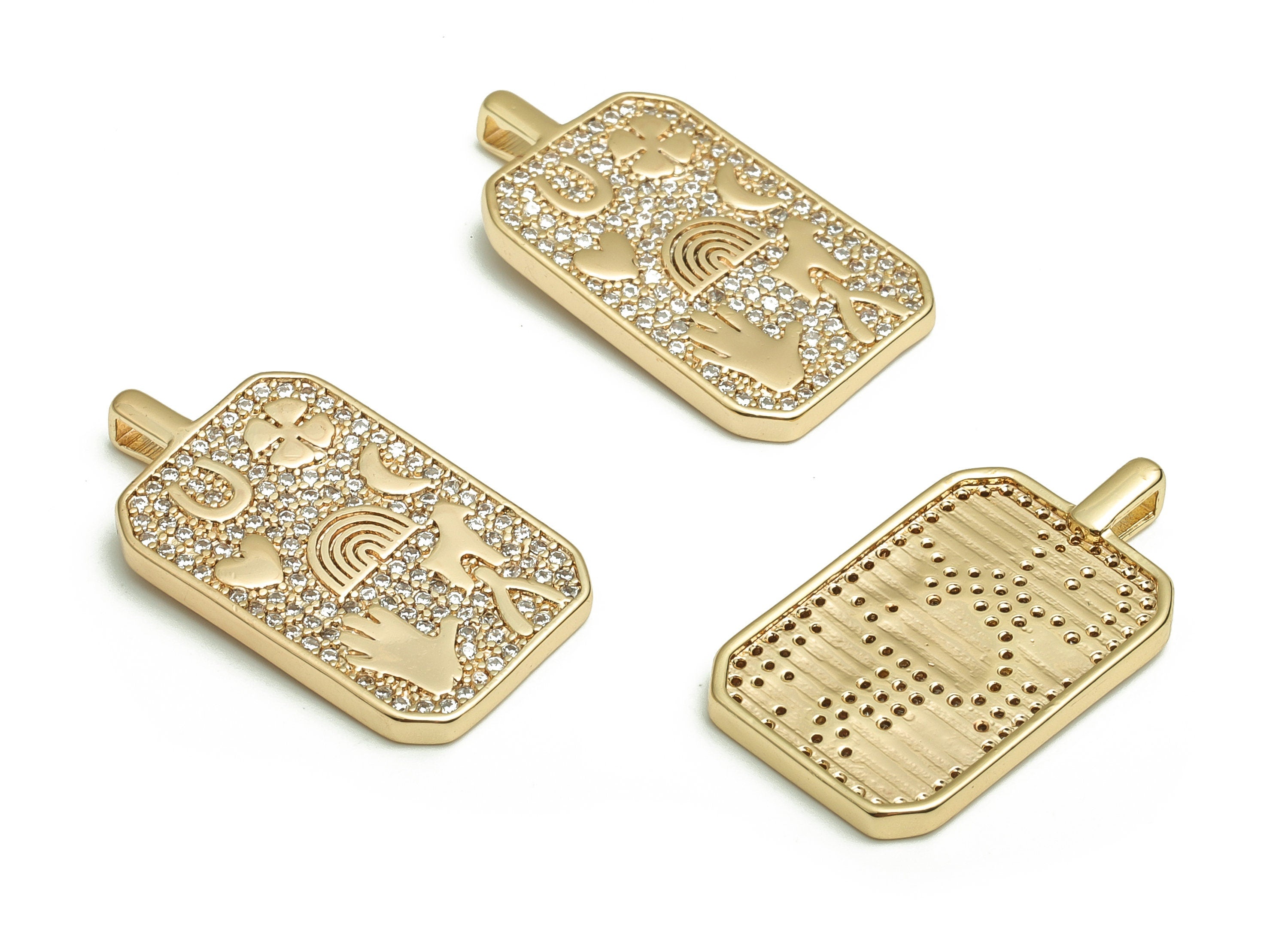 Brass Rectangle Earring Charms With Zircons - Gold Pattern Pendant - 18K Real Gold Plated Brass - Jewelry Supplies - 26.9x14.9x2mm- RGP4083 - DOMEDBAZAAR