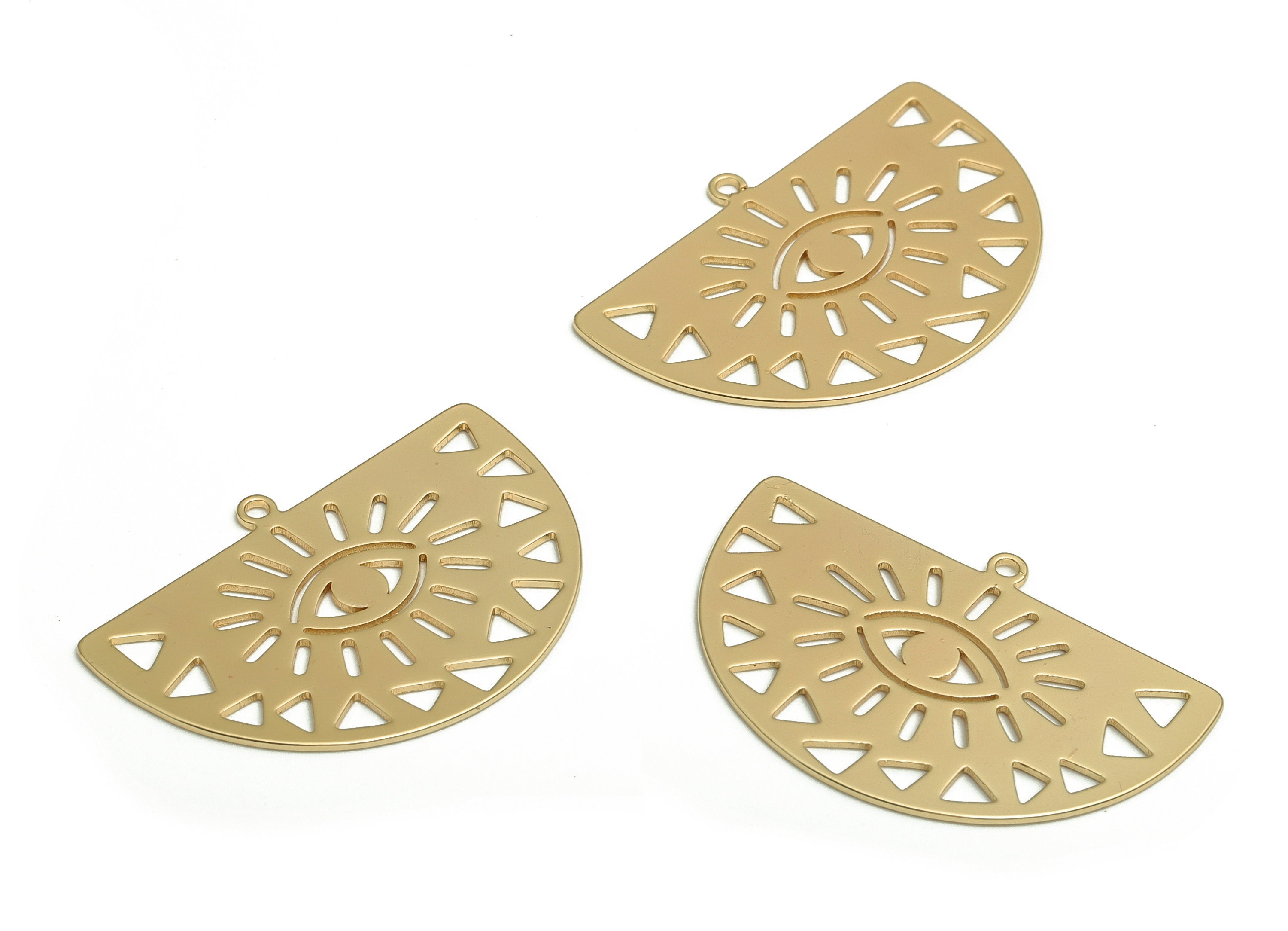 Brass Semicircle Earring Charms - Gold Half Moon Eye Pendant - 18K Real Gold Plated Brass - Jewelry Supplies - 30.03x20.87x0.64mm - RGP4058 - DOMEDBAZAAR