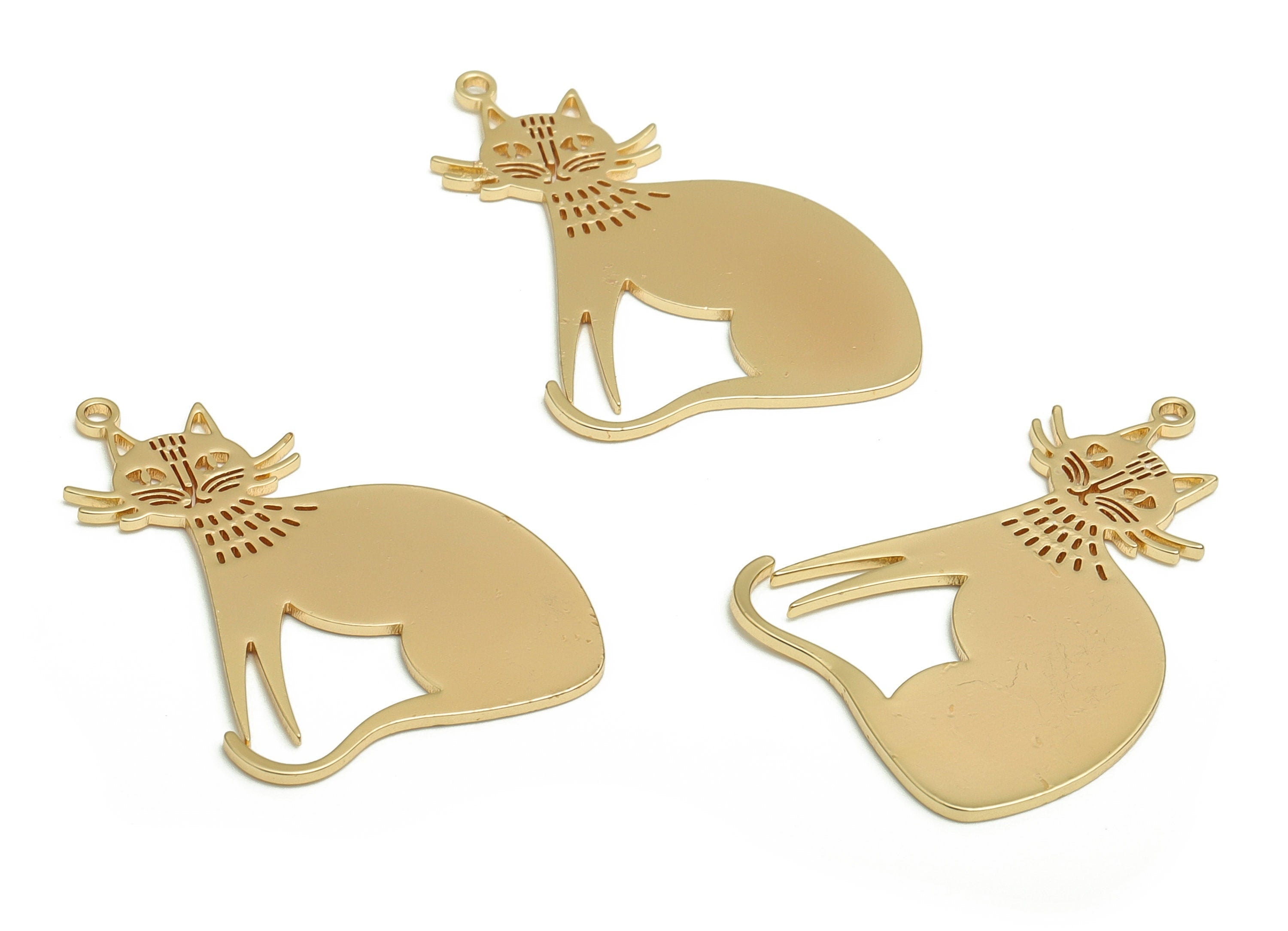 Brass Cat Earring Charms - Gold Cat Pendant - 18K Real Gold Plated Brass - Jewelry Making Supplies - 33.41x23.57x0.84mm- RGP4062 - DOMEDBAZAAR