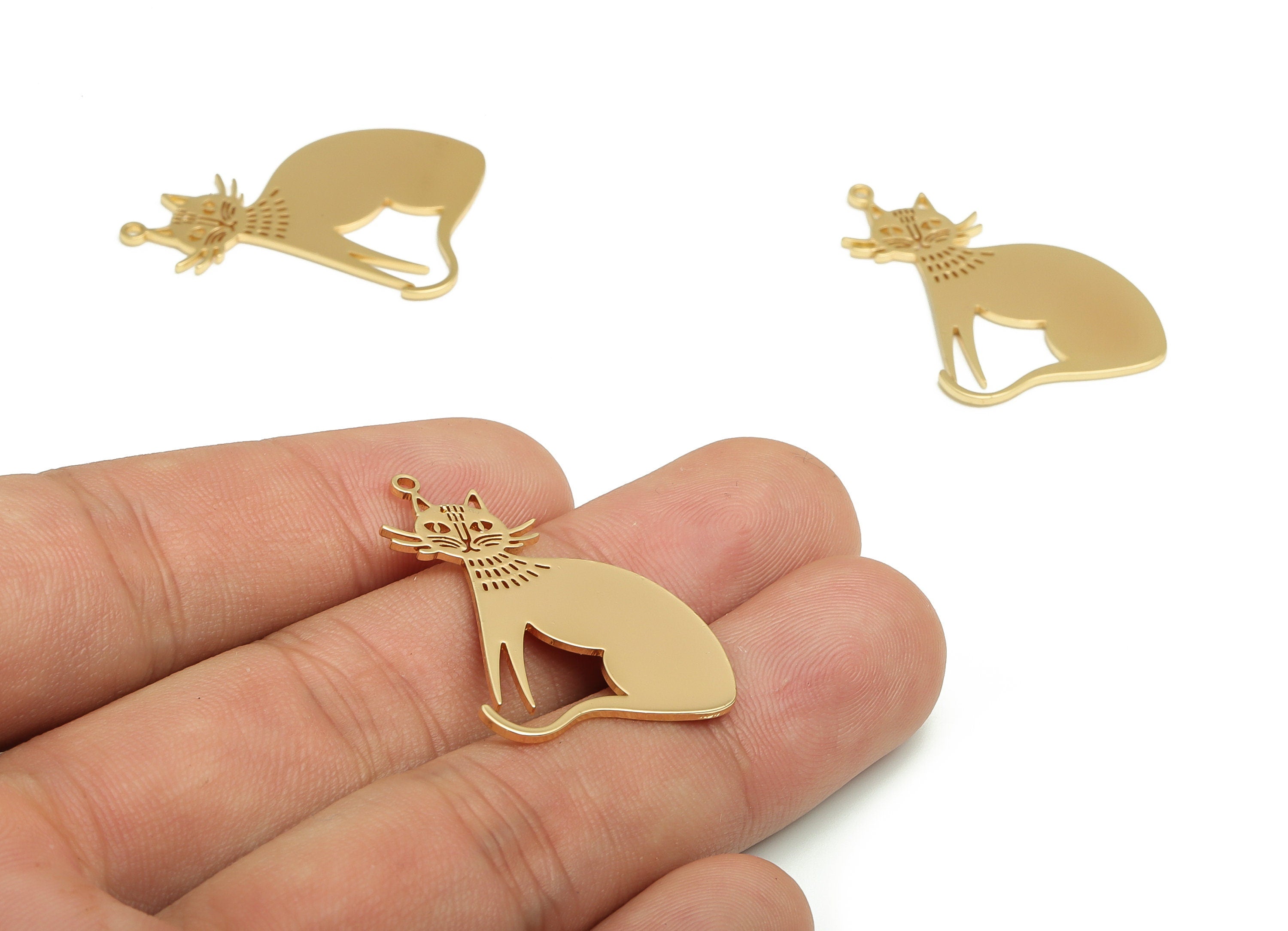 Brass Cat Earring Charms - Gold Cat Pendant - 18K Real Gold Plated Brass - Jewelry Making Supplies - 33.41x23.57x0.84mm- RGP4062 - DOMEDBAZAAR
