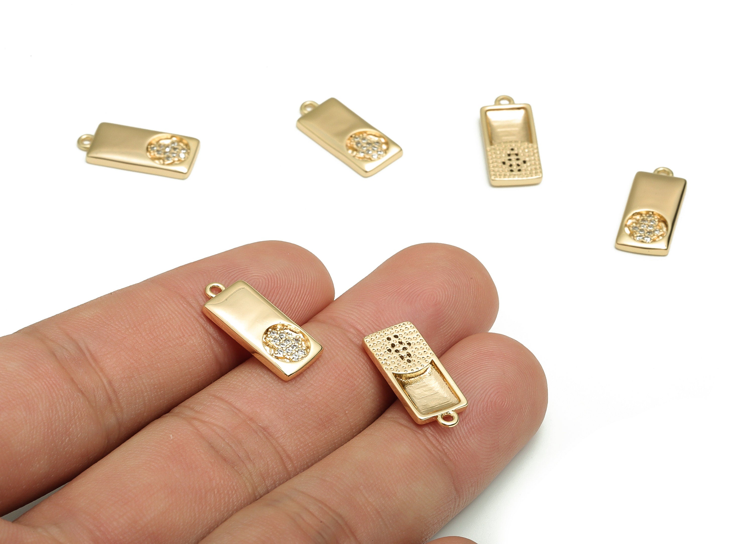 Brass Rectangle Earring Charms With Zircons - Gold Hand Pendant - 18K Real Gold Plated Brass - Jewelry Supplies - 18.09x7.9x2mm- RGP4060 - DOMEDBAZAAR