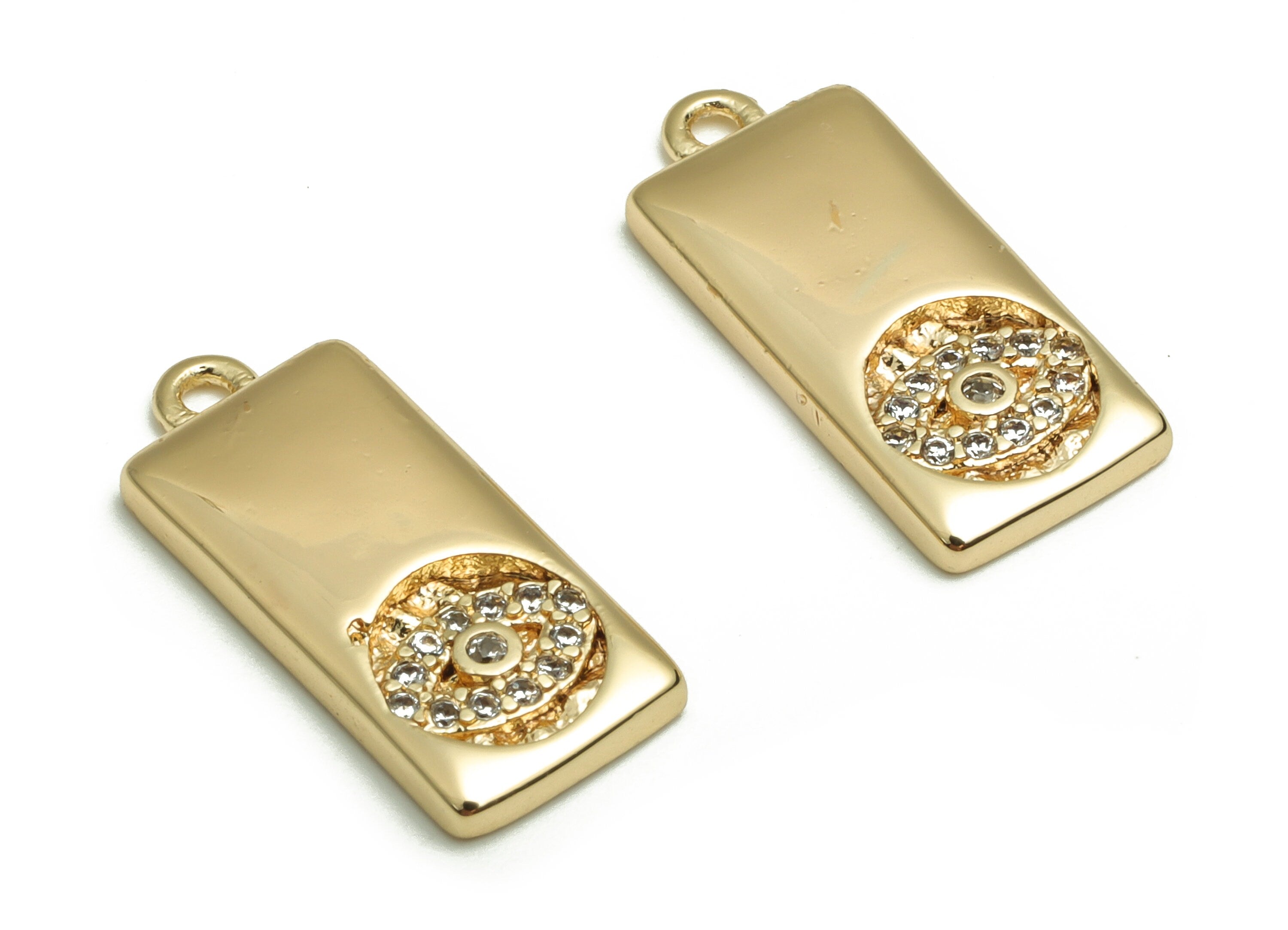 Brass Rectangle Earring Charms With Zircons - Gold Eye Pendant - 18K Real Gold Plated Brass - Jewelry Supplies - 18.07x7.89x2.01mm- RGP4078 - DOMEDBAZAAR
