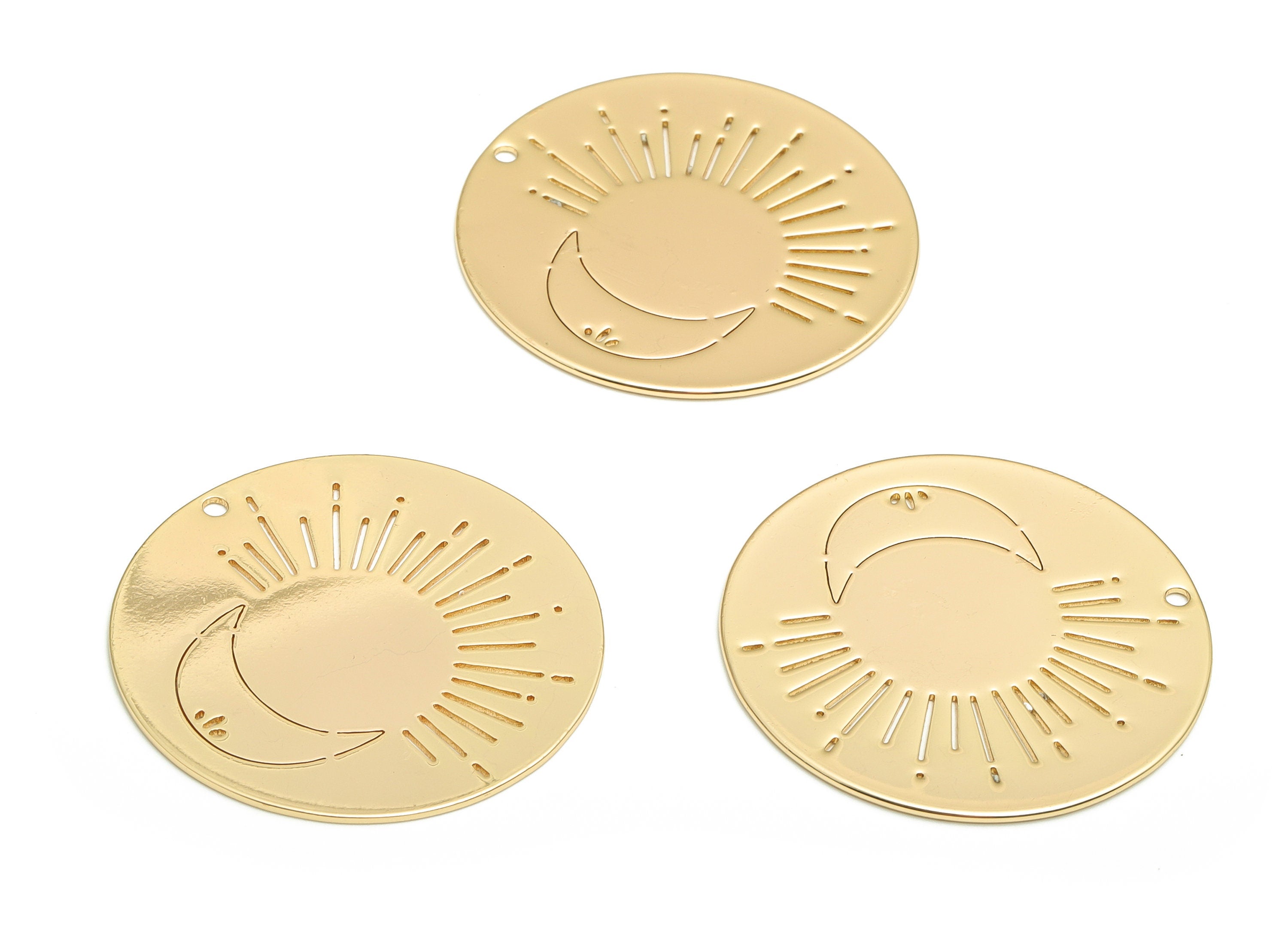 Brass Round Crescent Earring Charms - Gold Moon Sun Pendant - 18K Real Gold Plated Brass - Jewelry Supplies - 33.85x33.85x0.69mm - RGP4096 - DOMEDBAZAAR