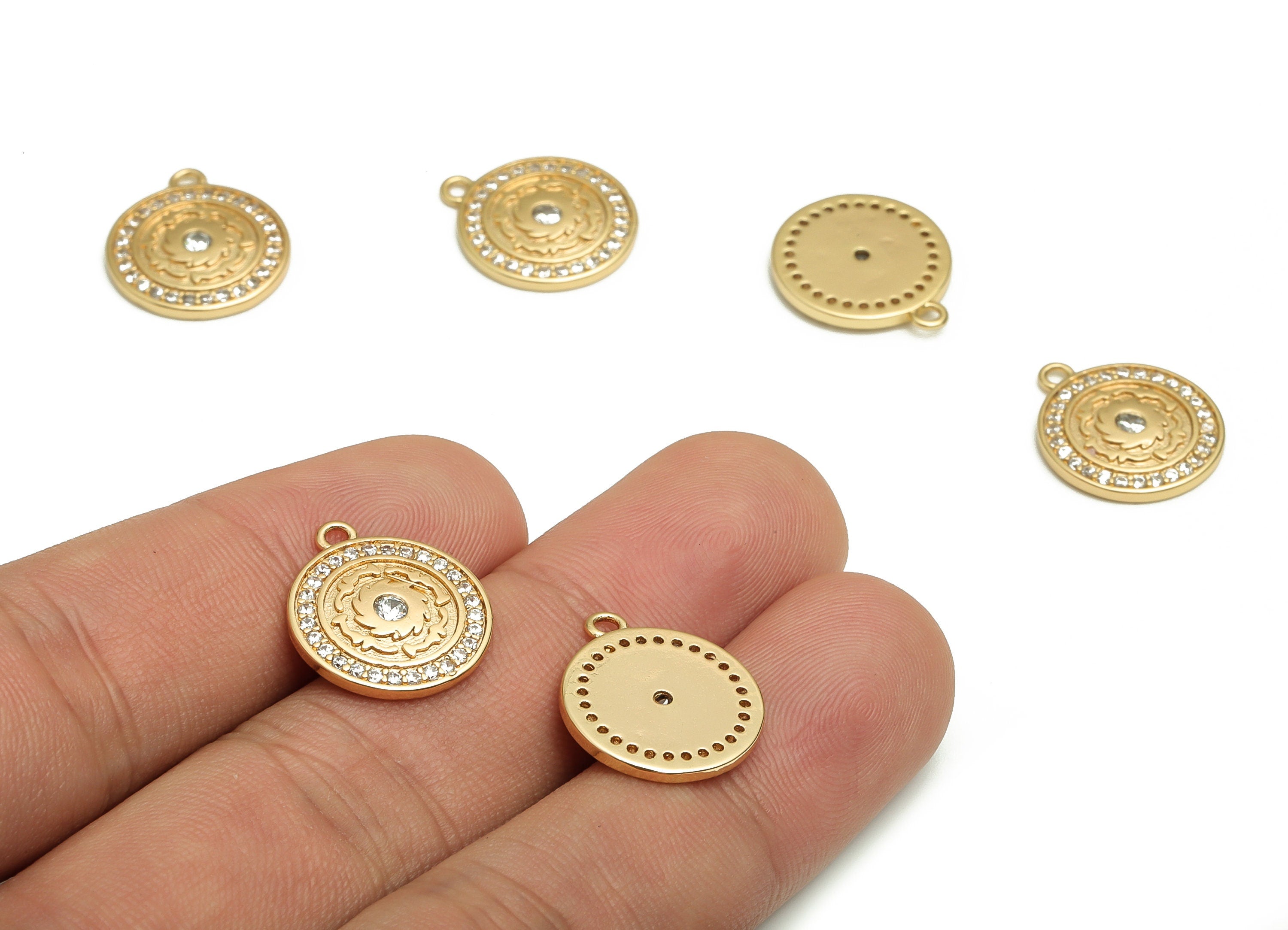Brass Round Earring Charms With Zircons - Gold Flower Pendant - 18K Real Gold Plated Brass - Jewelry Supplies - 17.08x14.96x1.96mm- RGP4088 - DOMEDBAZAAR