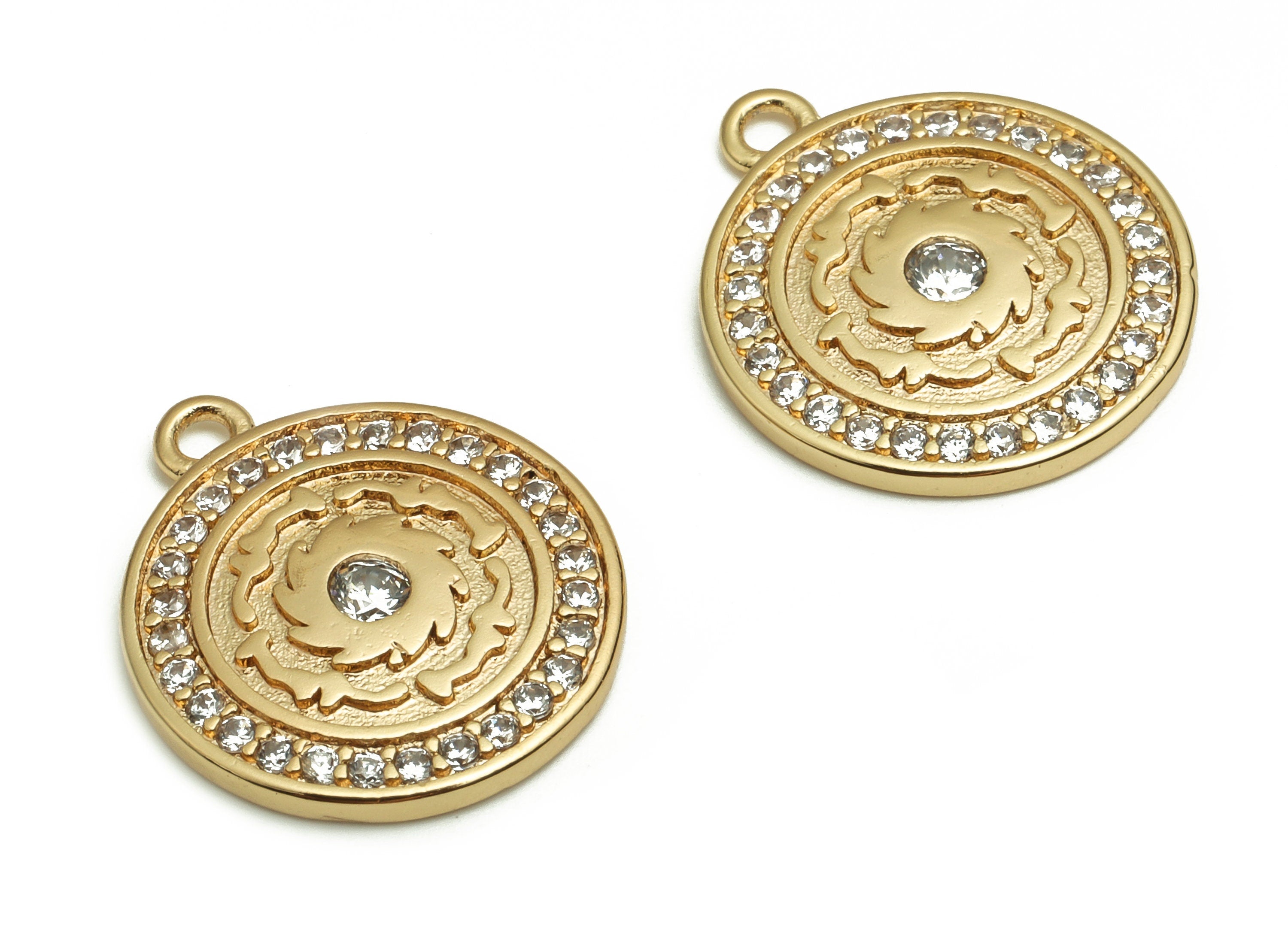 Brass Round Earring Charms With Zircons - Gold Flower Pendant - 18K Real Gold Plated Brass - Jewelry Supplies - 17.08x14.96x1.96mm- RGP4088 - DOMEDBAZAAR