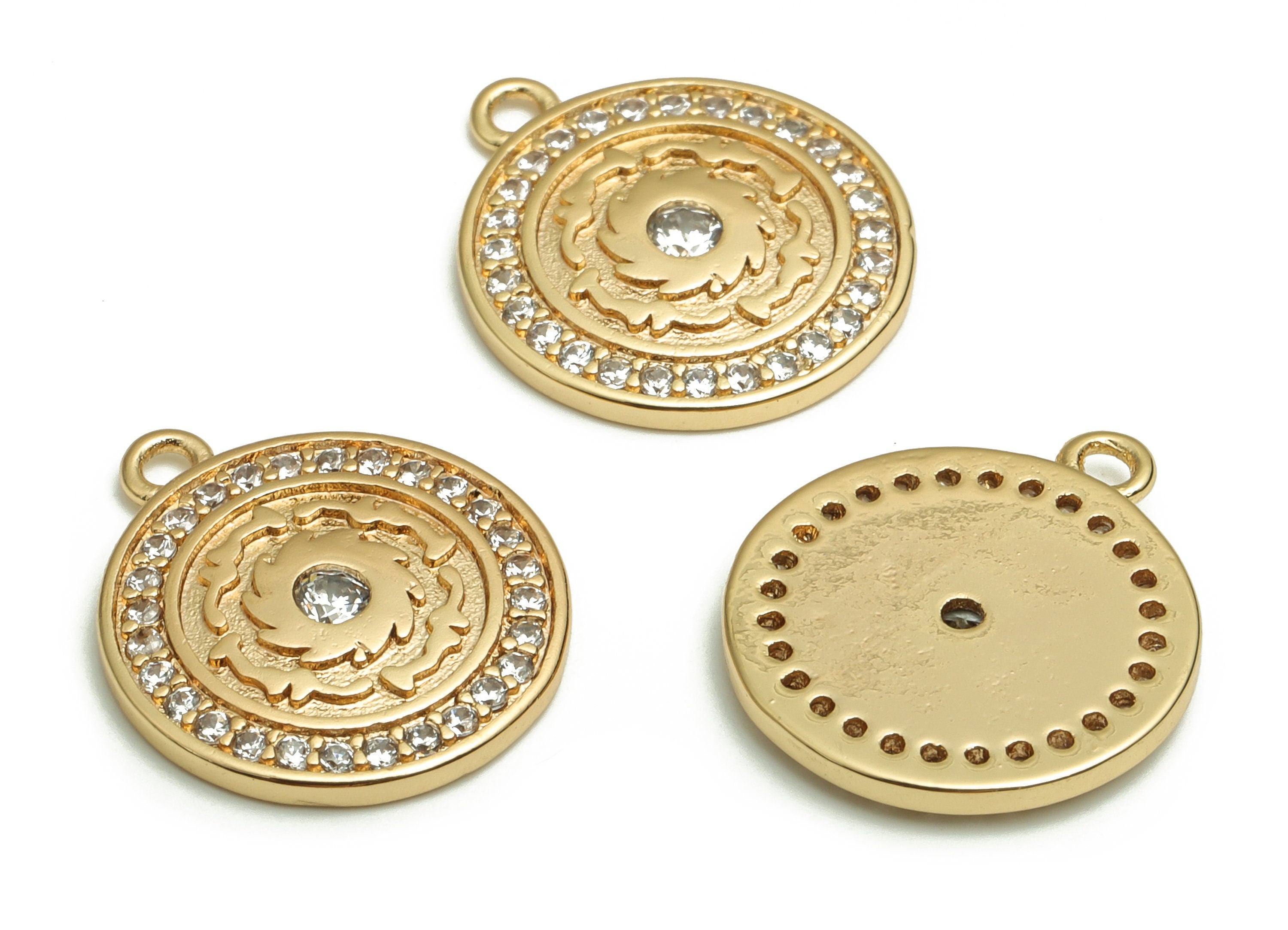 Brass Round Earring Charms With Zircons - Gold Flower Pendant - 18K Real Gold Plated Brass - Jewelry Supplies - 17.08x14.96x1.96mm- RGP4088 - DOMEDBAZAAR