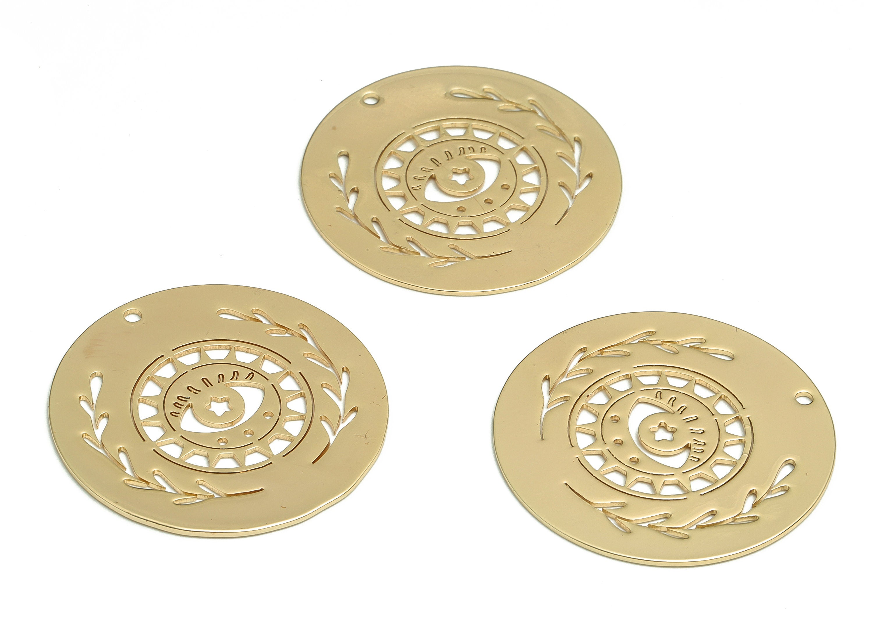 Brass Round Branch Earring Charms - Gold Eye Sun Pendant - 18K Real Gold Plated Brass - Jewelry Supplies - 30.38x30.38x0.72mm - RGP4072 - DOMEDBAZAAR