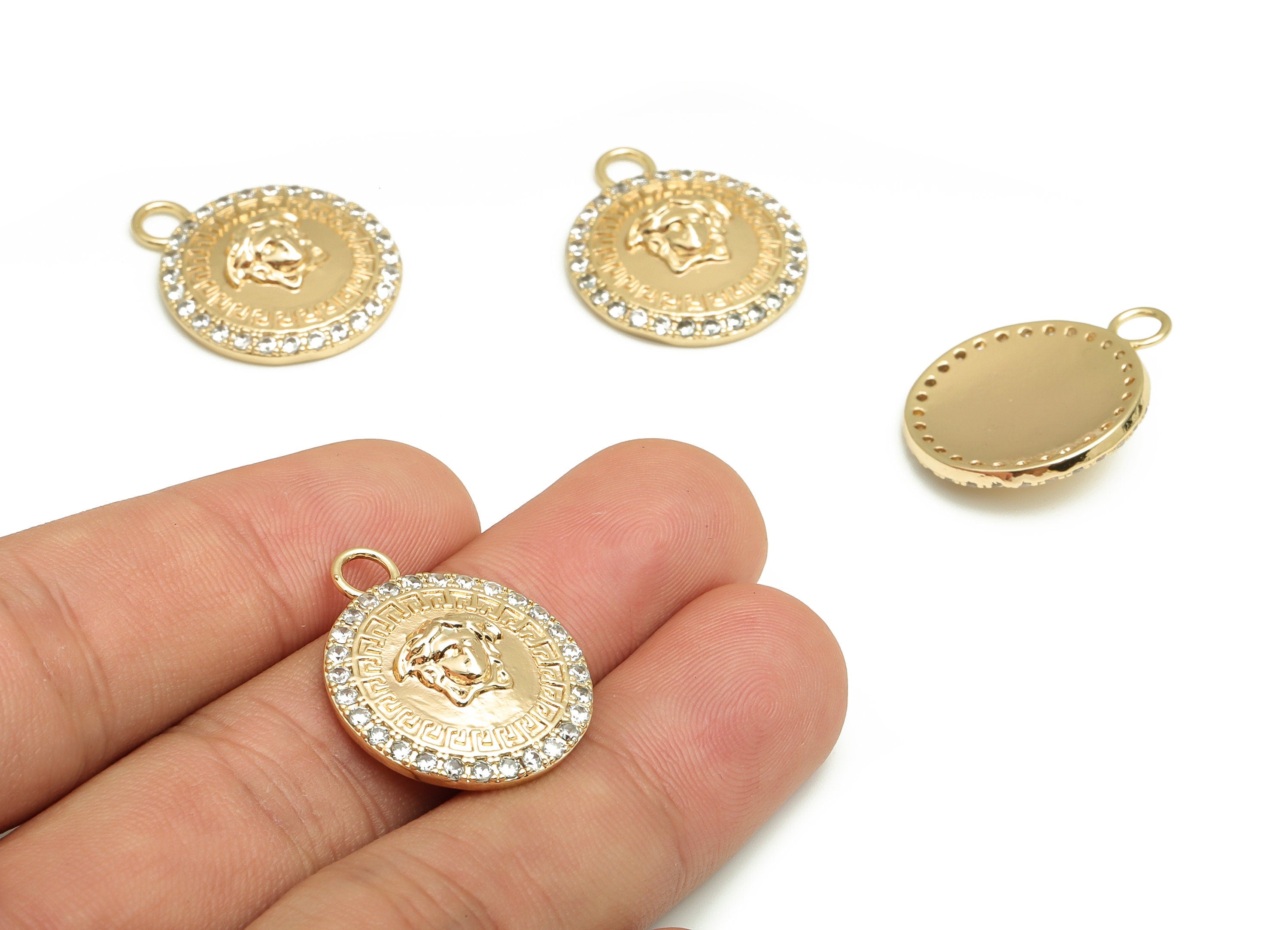 Brass Round Earring Charms With Zircons - Gold Face Pendant - 18K Real Gold Plated Brass - Jewelry Supplies - 24.96x20.51x5.3mm- RGP4124 - DOMEDBAZAAR