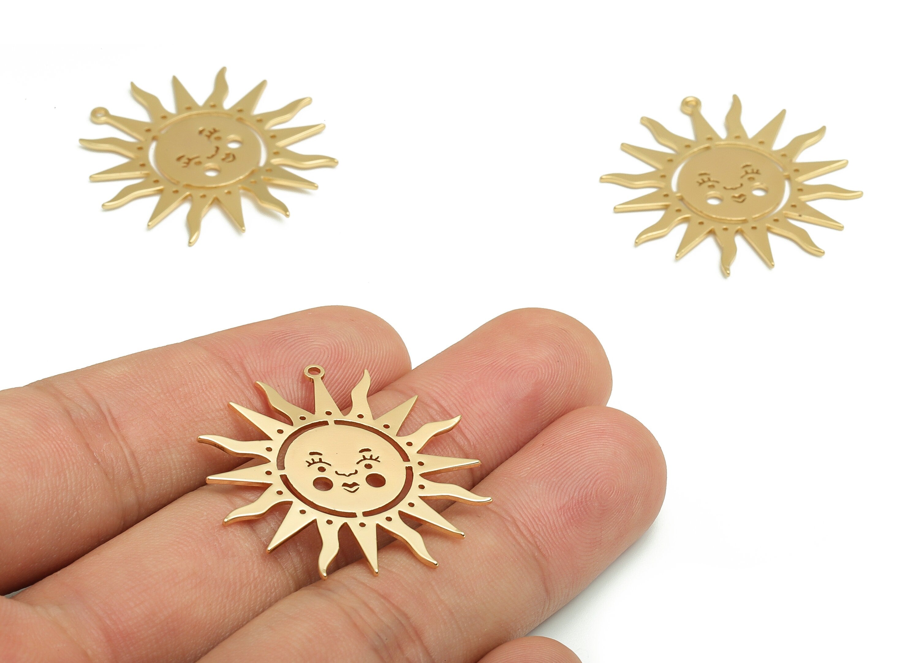 Brass Sun Earring Charms - Gold Face Pendant - 18K Real Gold Plated Brass - Jewelry Making Supplies - 32.03x32.03x0.76mm - RGP4098 - DOMEDBAZAAR
