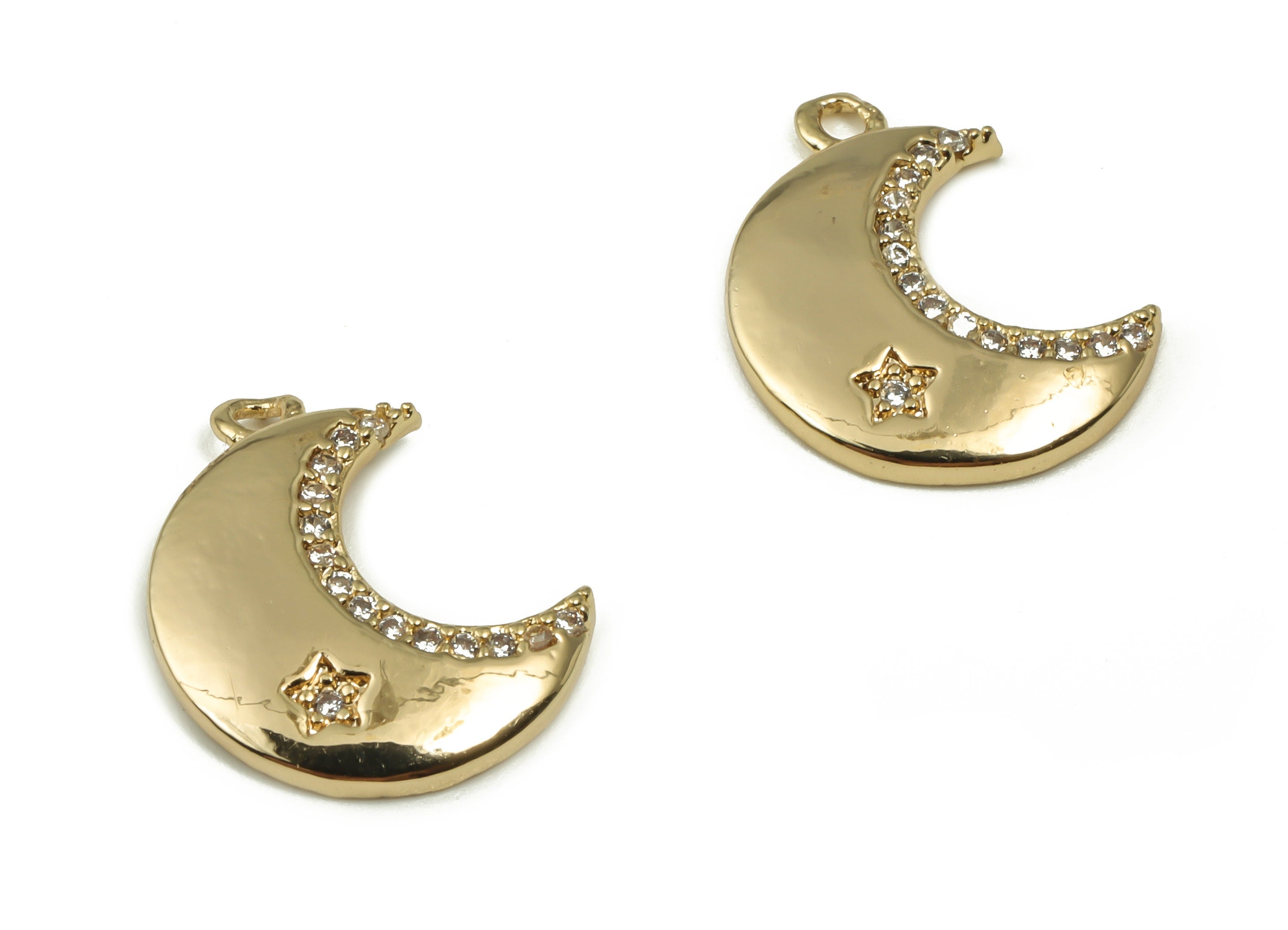 Brass Crescent Earring Charms With Zircons - Gold Moon Star Pendant - 18K Real Gold Plated Brass - 13.71x12.36x1.89mm - RGP4156 - DOMEDBAZAAR