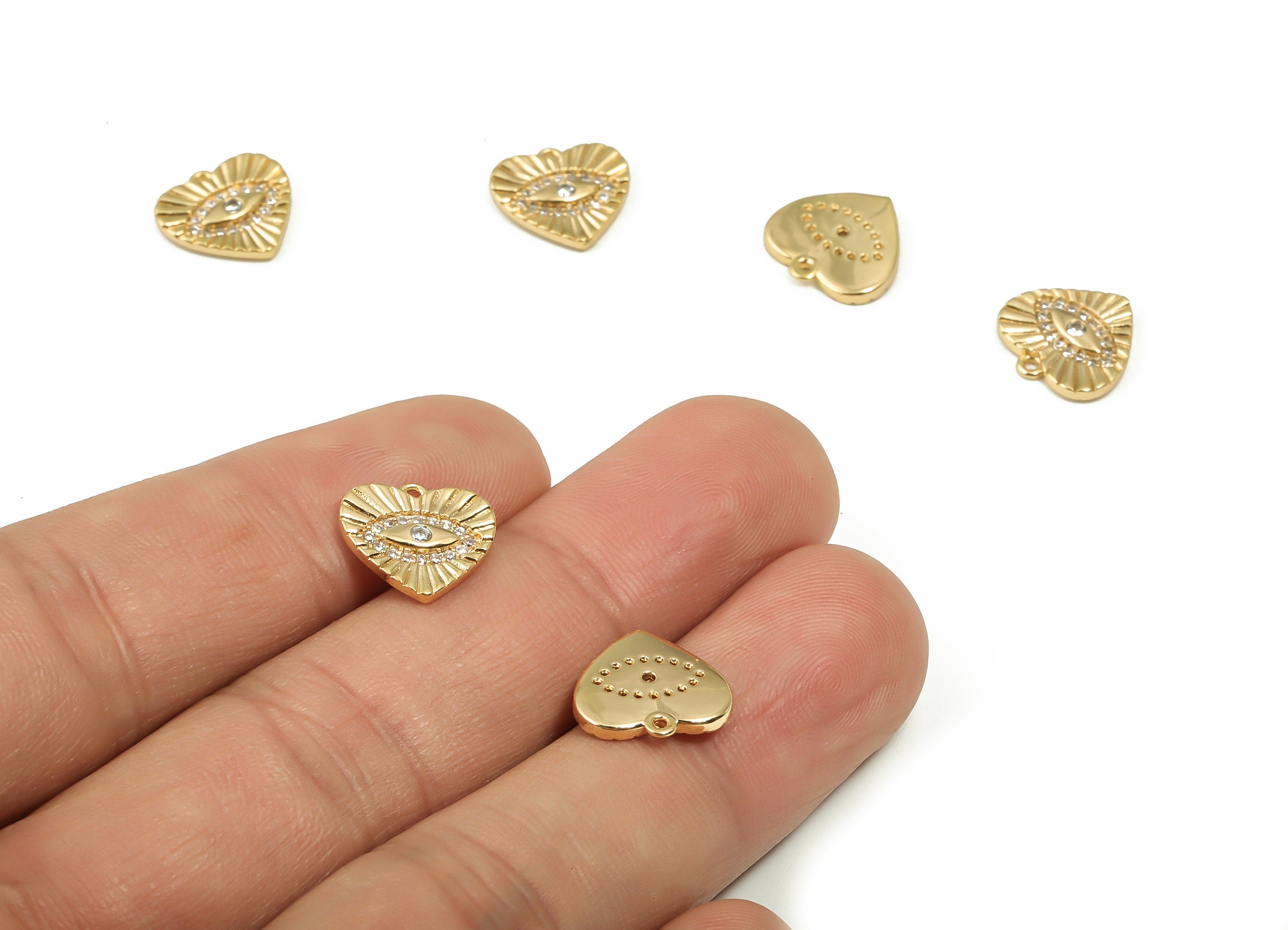Brass Heart Earring Charms With Zircons - Gold Eye Pendant - 18K Real Gold Plated Brass - Jewelry Supplies - 11.95x11.67x1.88mm - RGP4162 - DOMEDBAZAAR