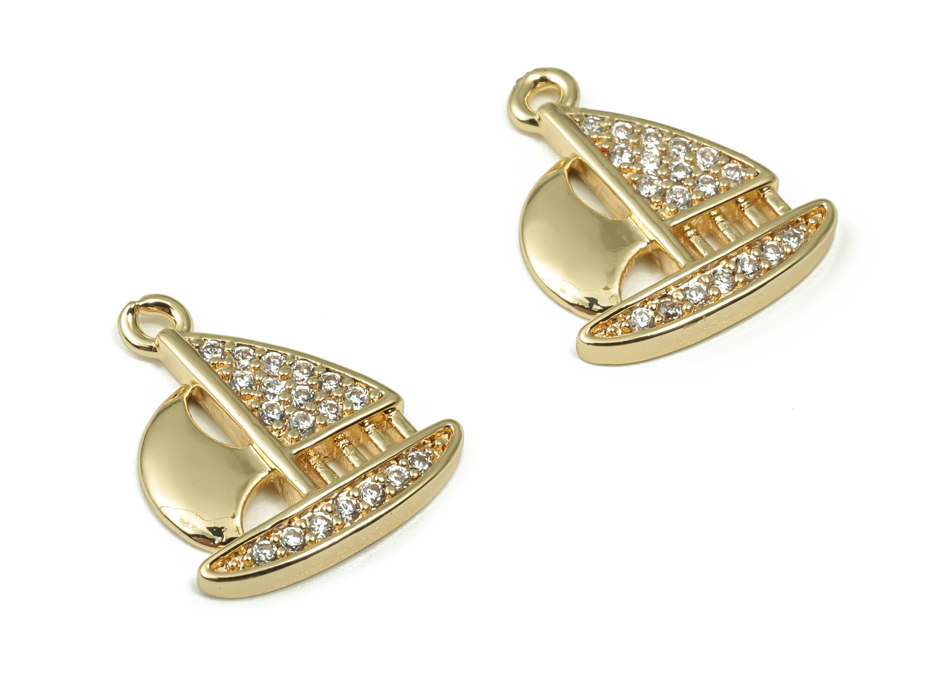 Brass Sailing Earring Charms With Zircons - Gold Sailboat Pendant - 18K Real Gold Plated Brass - 16.63x14.15x2.11mm - RGP4158 - DOMEDBAZAAR