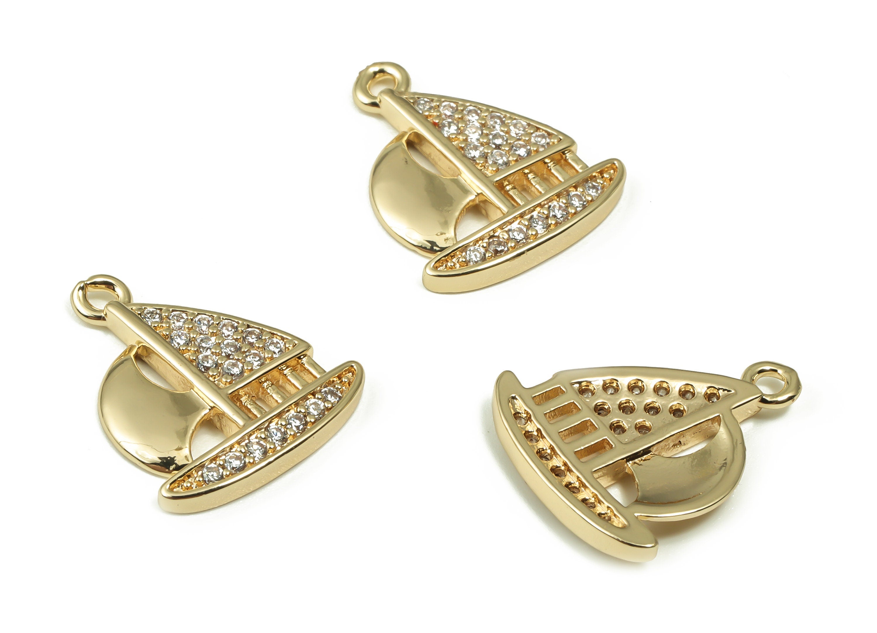 Brass Sailing Earring Charms With Zircons - Gold Sailboat Pendant - 18K Real Gold Plated Brass - 16.63x14.15x2.11mm - RGP4158 - DOMEDBAZAAR