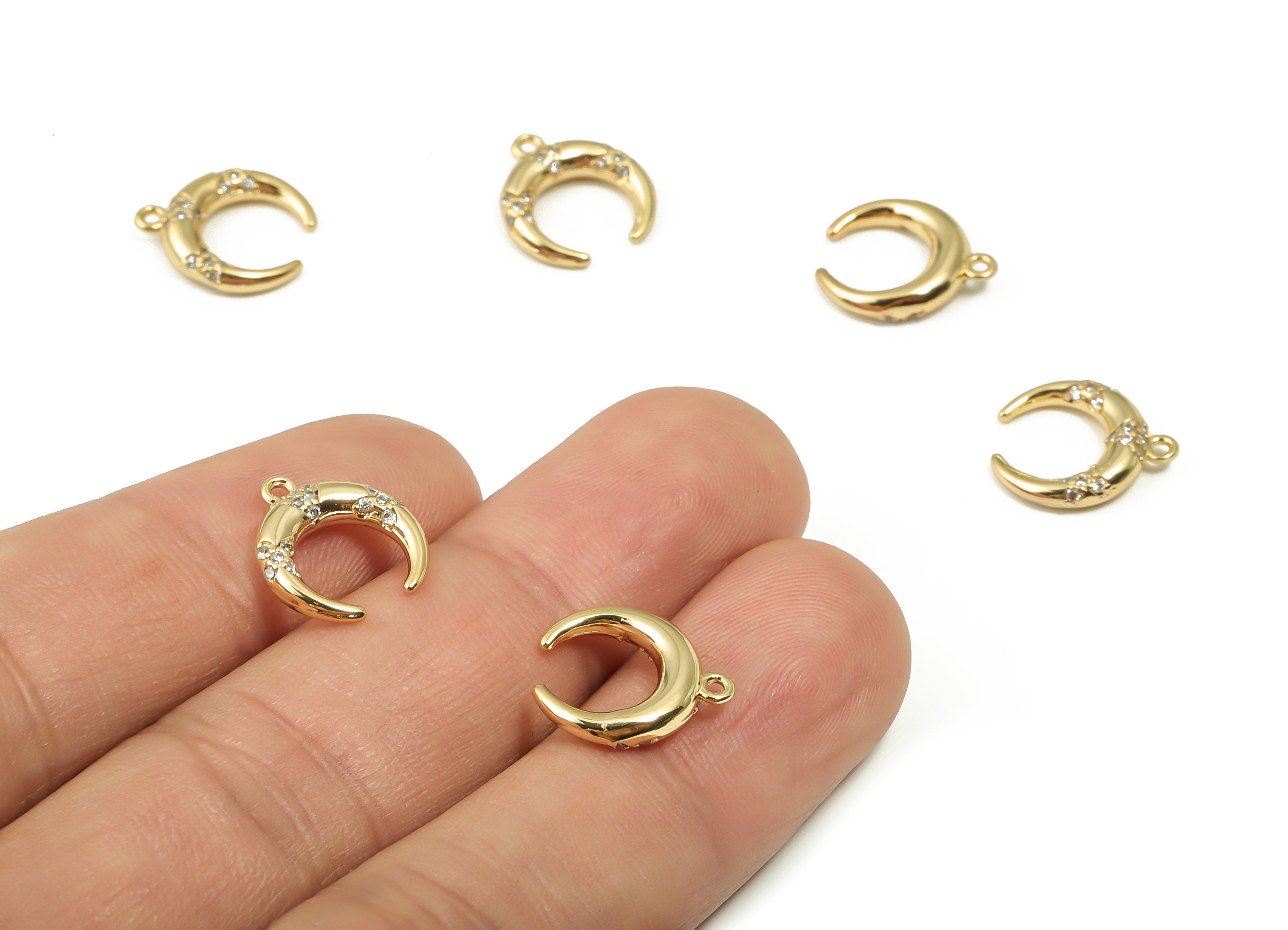 Brass Crescent Earring Charms With Zircons - Gold Moon Pendant - 18K Real Gold Plated Brass - Jewelry Supplies - 13.53x11.93x3.1mm - RGP4163 - DOMEDBAZAAR