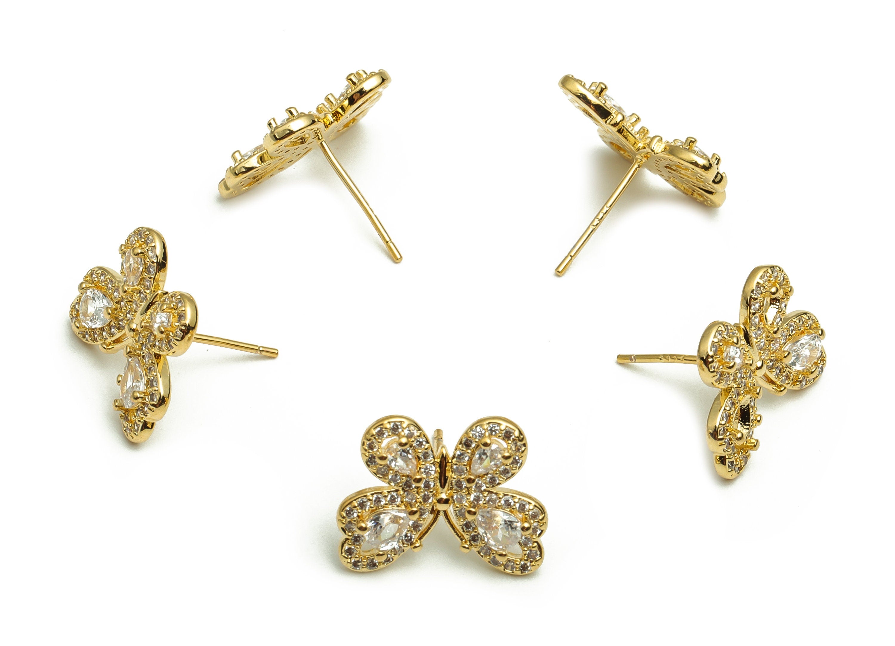 Brass Butterfly Earring Stud With Zircons - Gold Butterfly Post - Stainless Steel Stud - 18K Real Gold Plated Brass – 16x16x3mm - RGP4076 - DOMEDBAZAAR
